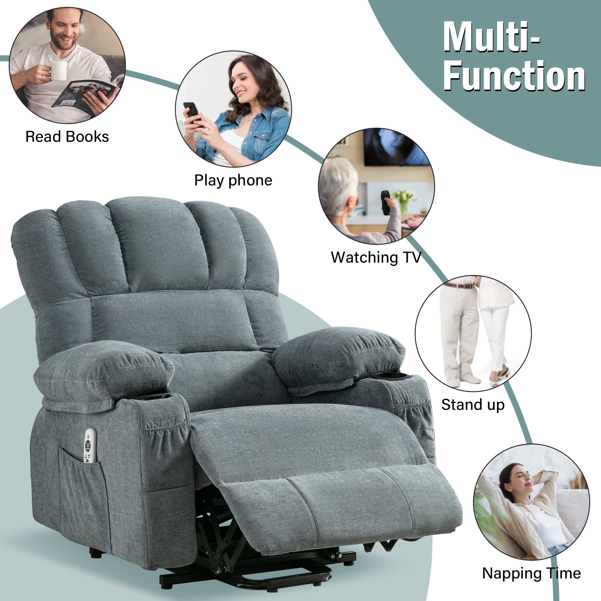 Power Lift Recliner Chair Recliners for Elderly with Heat and Massage Recliner Chair for Living Room with Infinite Position and Side Pocket,USB Charge Port.BLUE