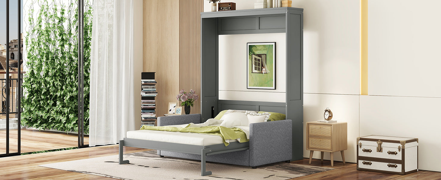 Queen Size Murphy Bed Wall Bed with Cushion,Gray