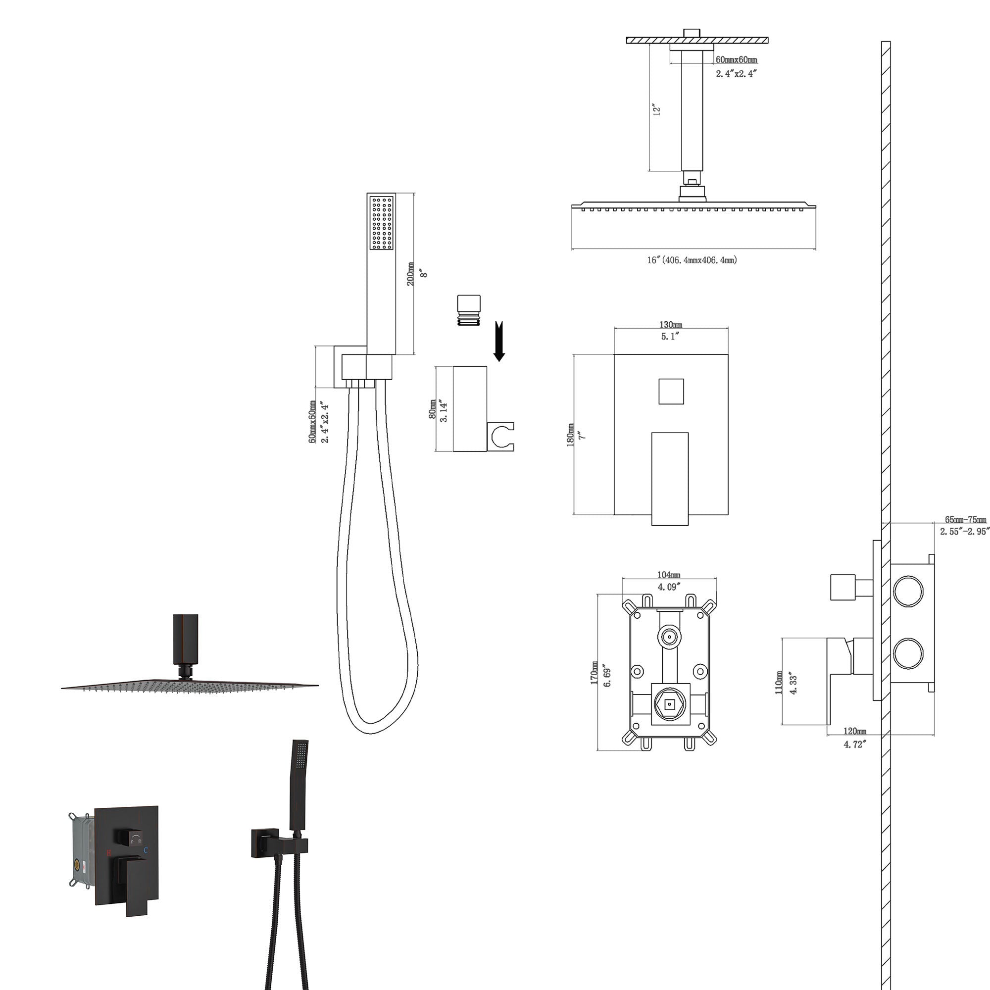 Dual Shower Head - 16 Inch Ceiling Mount Square Shower System with Rough-in Valve, Oil Rubber Bronze