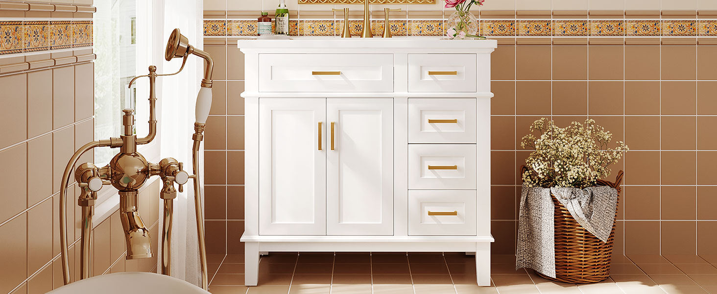 36-inch Bathroom Vanity with Resin Sink, Modern Bathroom Cabinet in White,Featuring Two Soft Close Doors and Four Drawers