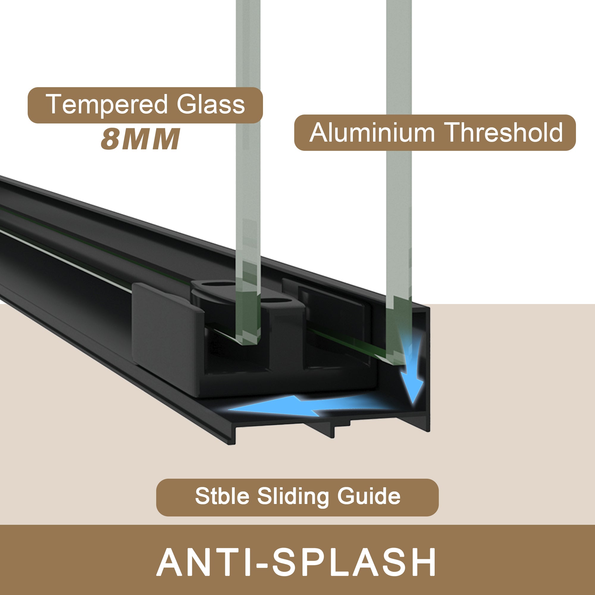 Sliding shower door 44-48 inch matte black clear tempered glass detail