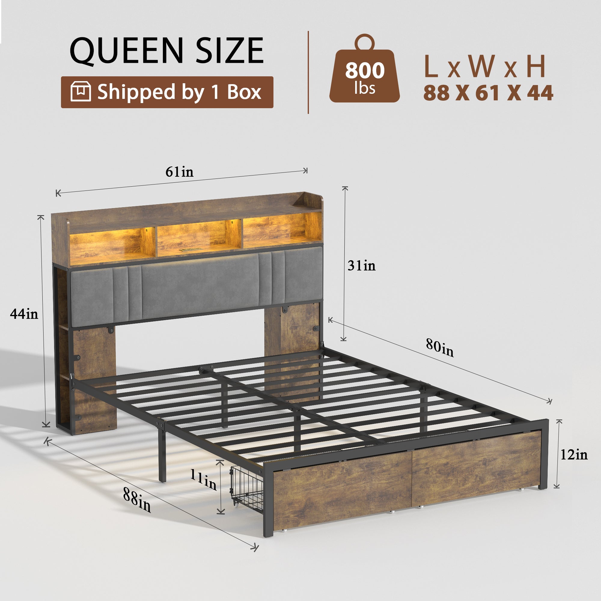 Bed Frame Queen Size with Storage Headboard and 2 Drawers, Upholstered Platform Bed with Charging Station and LED Light, Heavy Duty Frame Support, No Box Spring Needed, Noise Free, Dark Brown