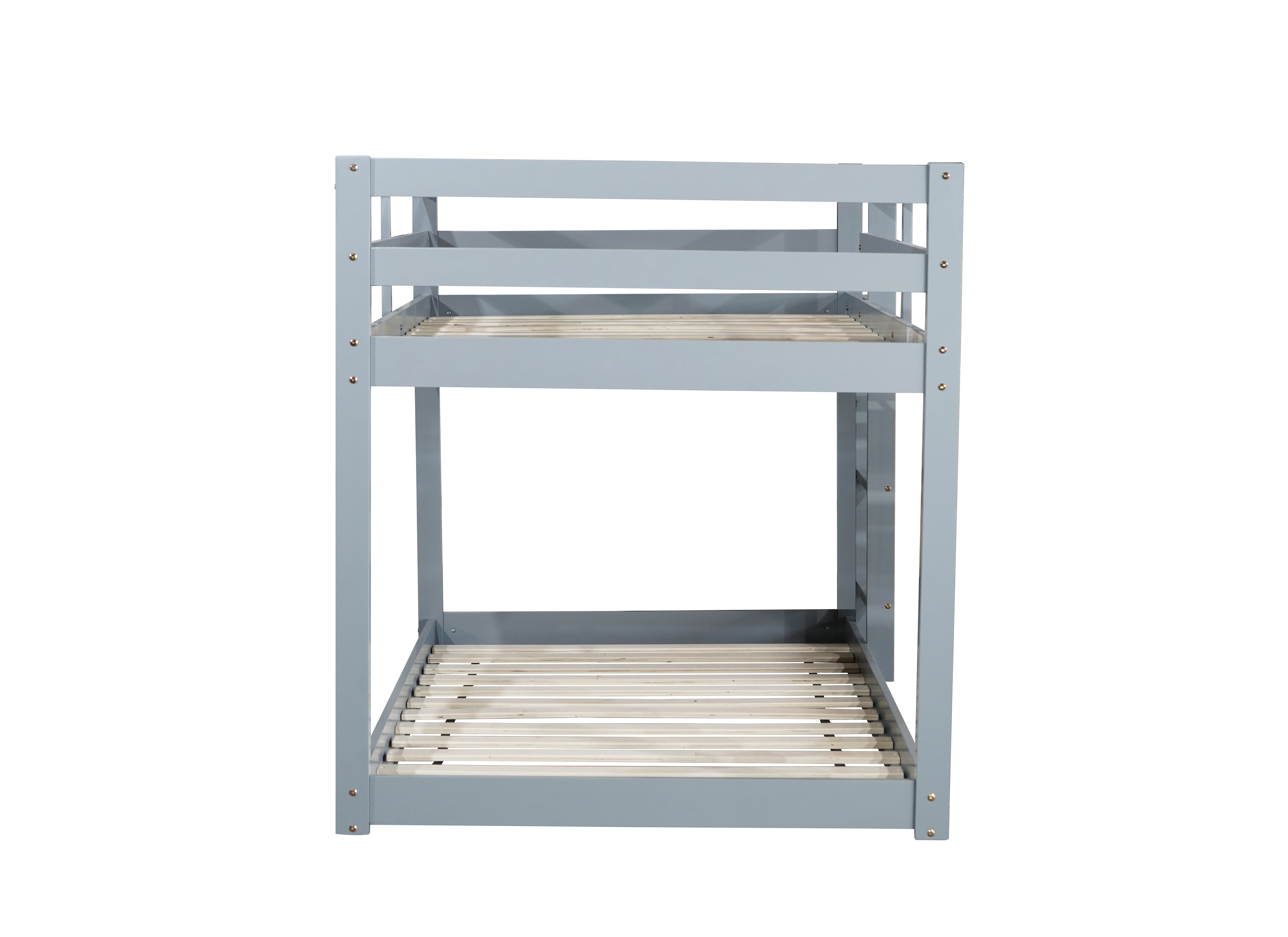 Twin over twin grey rubberwood bunk bed side profile view
