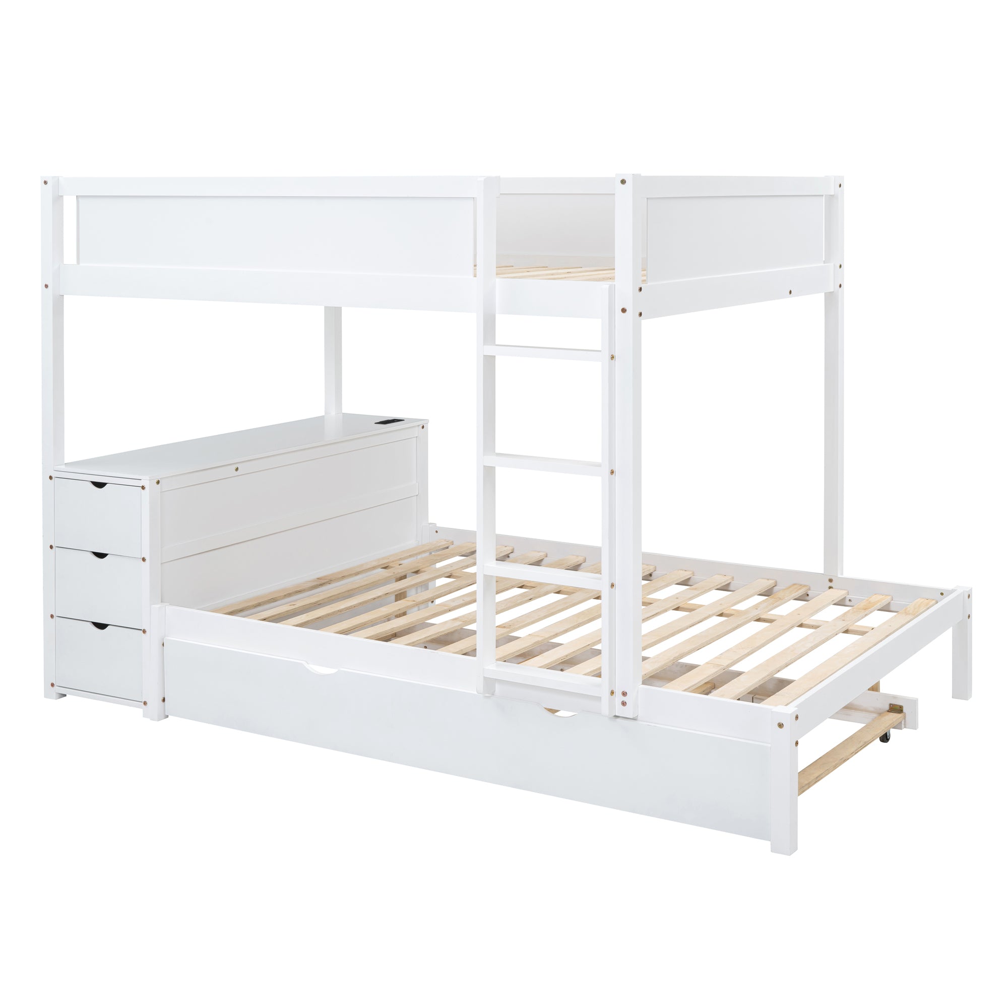 Full-Over-Full Bunk Bed with Twin size Trundle, Storage and Desk, White