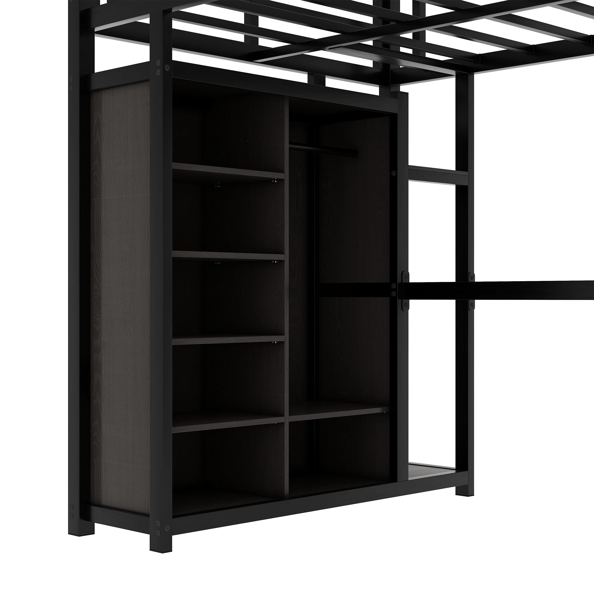 Metal Full Size Loft Bed with Desk,Shelves,Wardrobe, Black