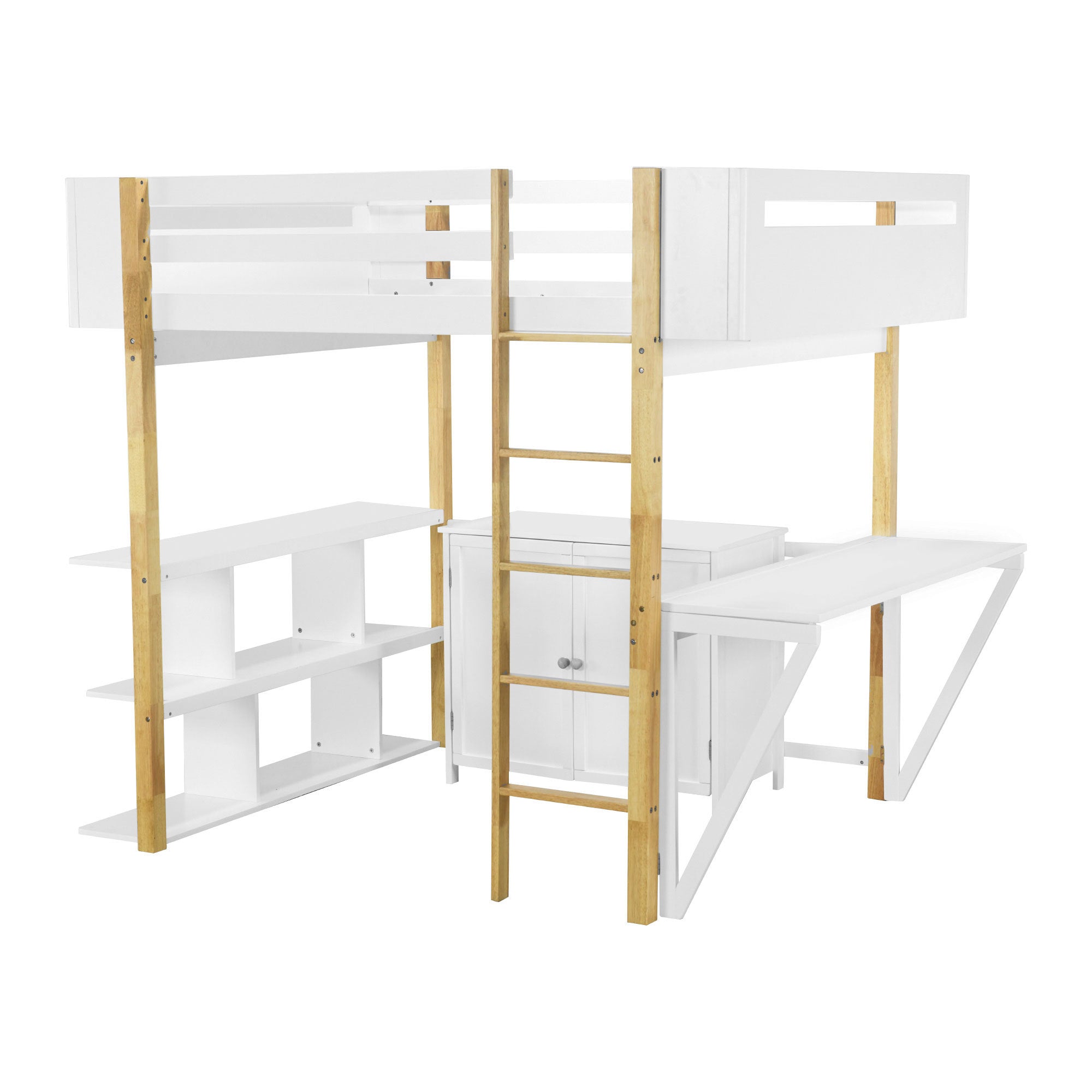 Full Size Wood Loft Bed With Built-in Storage Cabinet and Cubes, Foldable desk, White