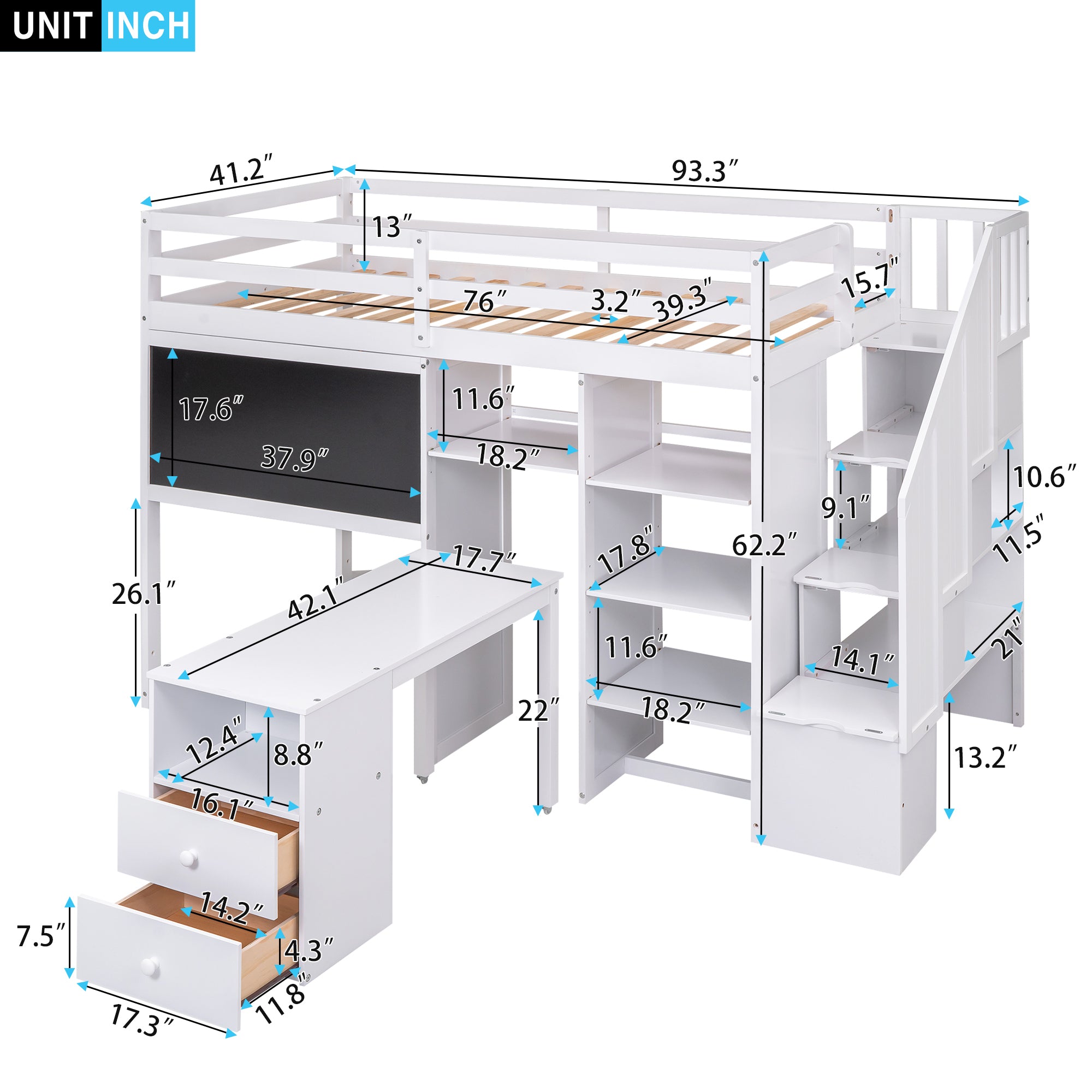 Twin Size Loft Bed with Pullable Desk and Storage Shelves,Staircase and Blackboard,White