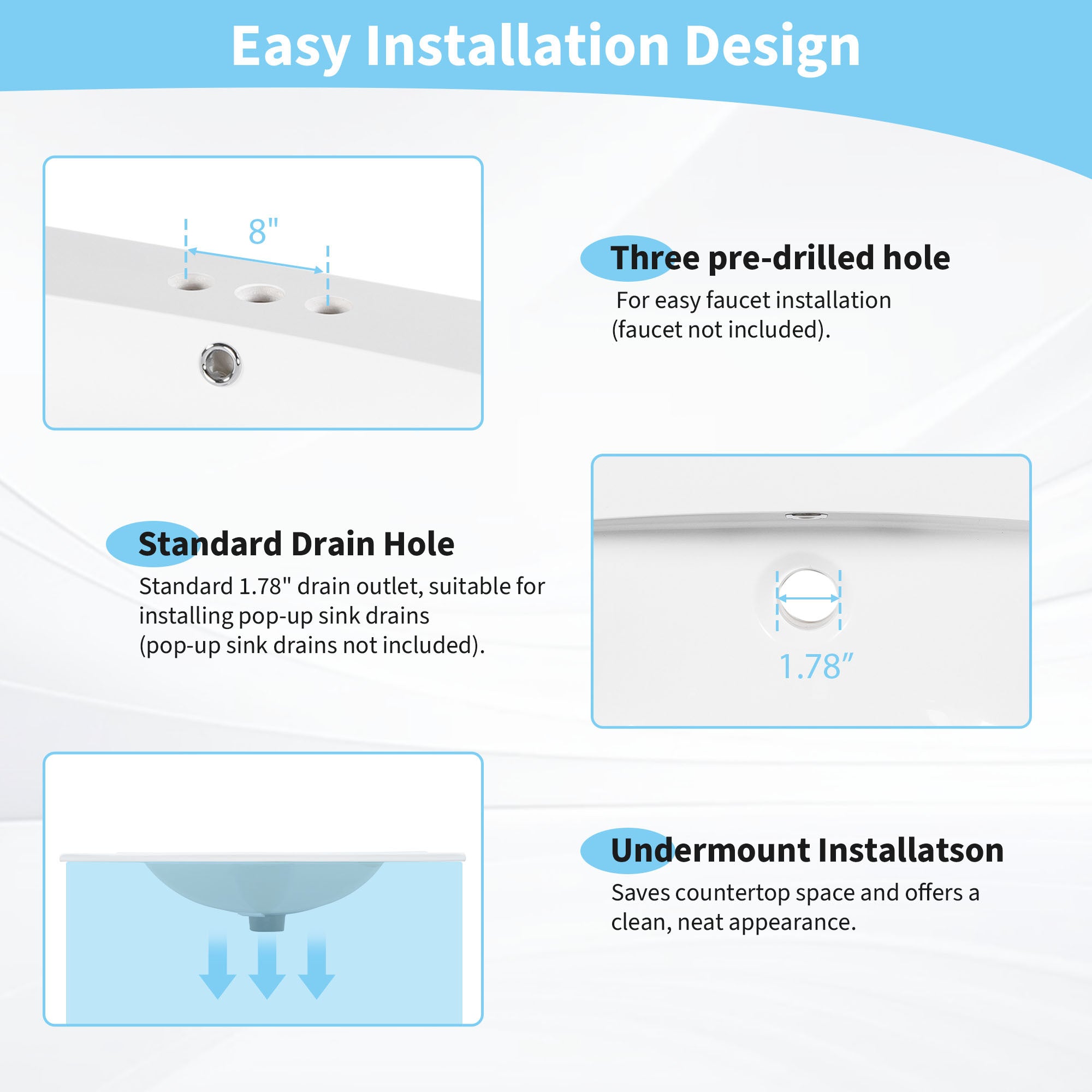 [Sink Only] 30x18" Rectangular 3 Hole Bathroom Ceramic Sink, Vanity Top Sink Only, Fits 8" Center Faucet, White (Faucet and cabinet not included)