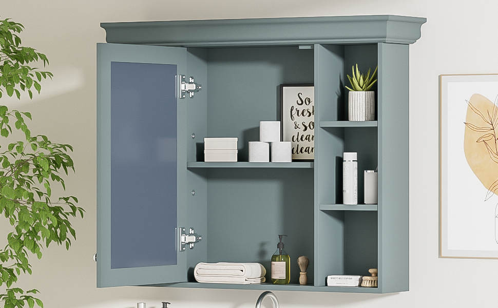 35'' x 28'' Blue Wall Mounted Bathroom Storage Cabinet with Mirror Door, Modern Bathroom Wall Cabinet with Mirror, Medicine Cabinet with 6 Open Shelves