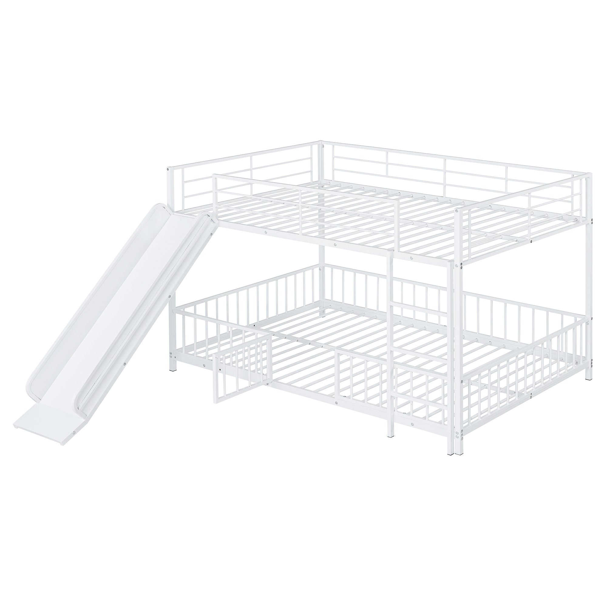 Full over Full Size Metal Bunk Bed with Slide and Guardrails, White