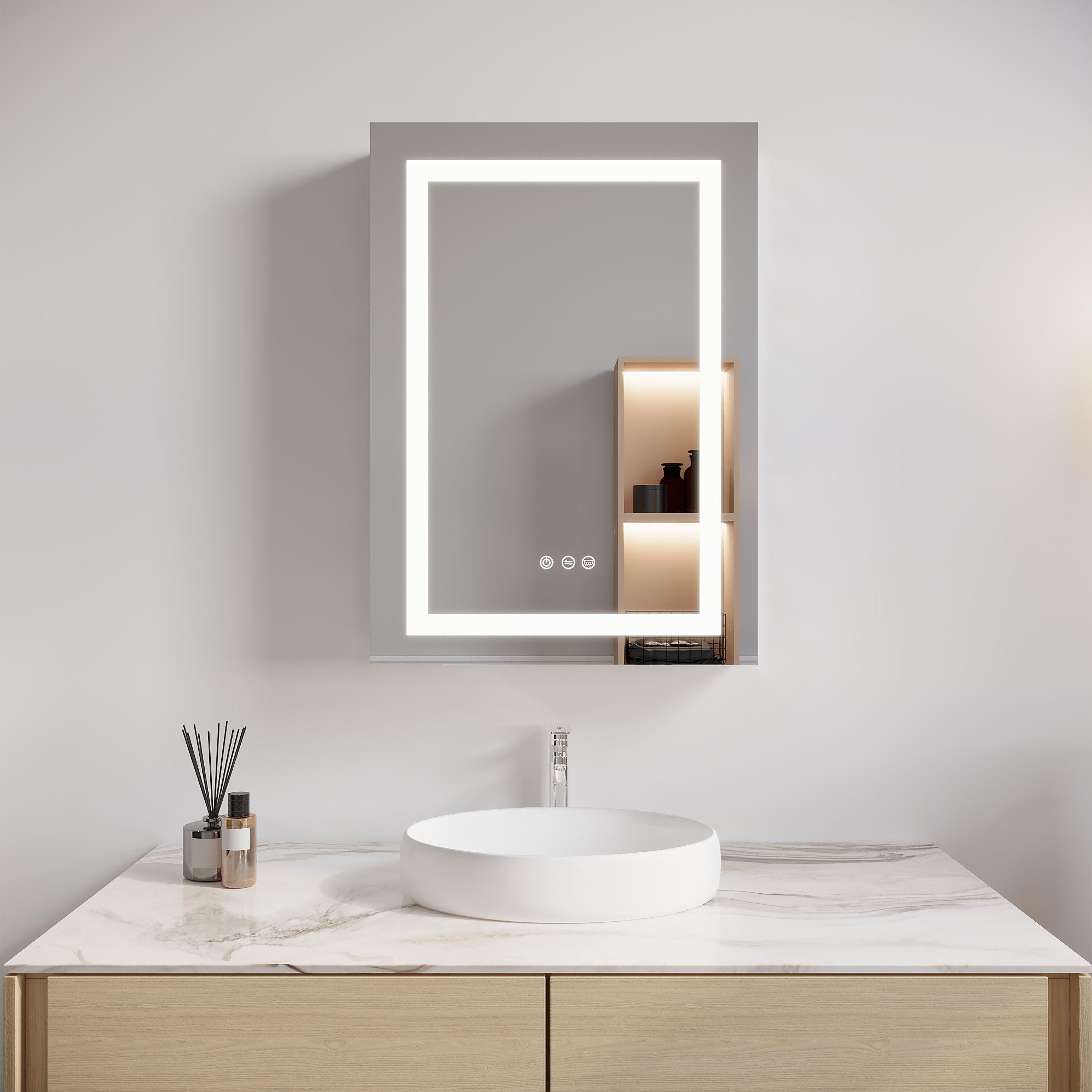 26x20 inch Bathroom Medicine Cabinet with LED Mirror, Anti-Fog, Waterproof, 3000K~6000K Single Door Lighted Bathroom Cabinet with Touch Swich, Dimmable,Recessed or Surface Mount (Left Door)