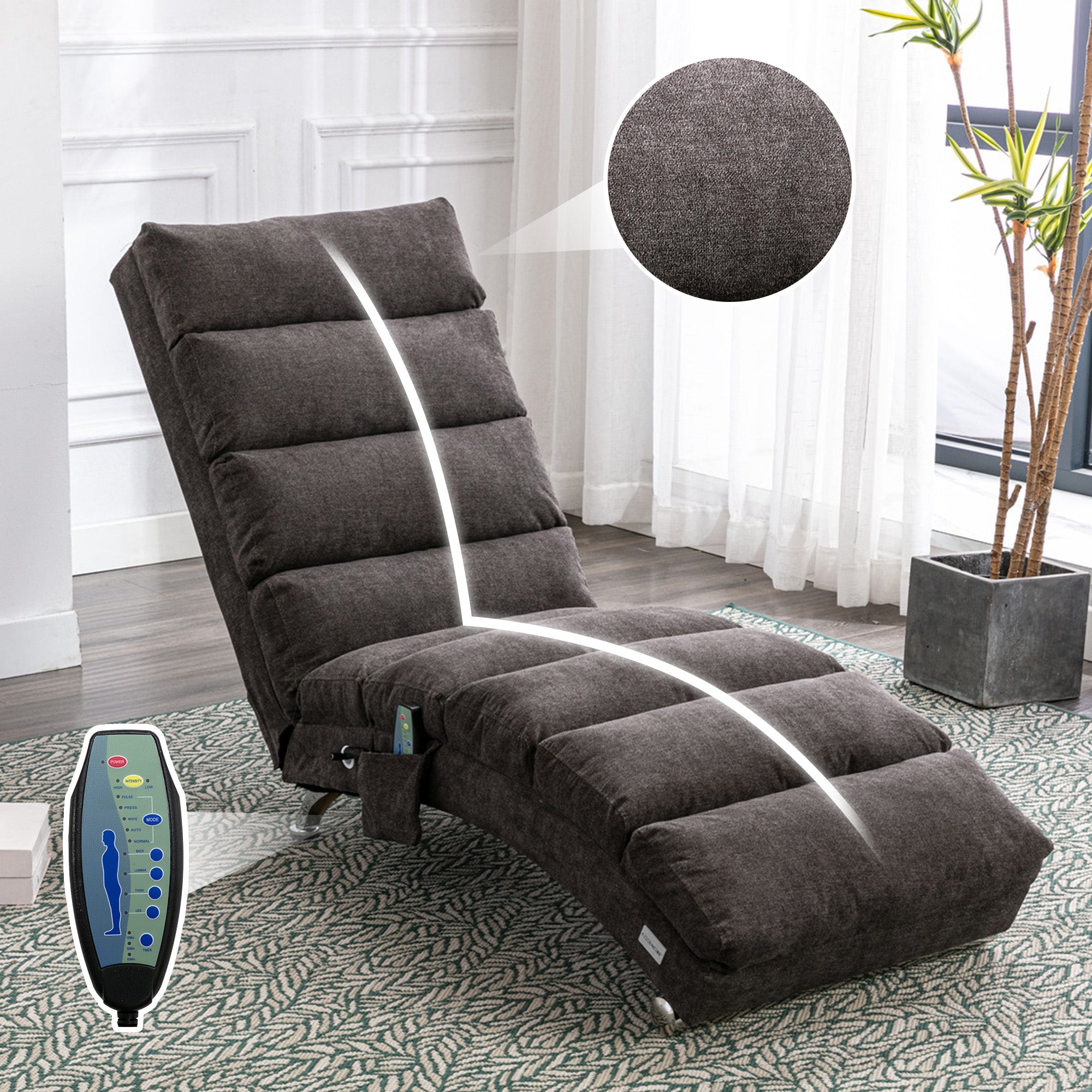 Modern upholstered fabric chaise lounge recliner chair, front view