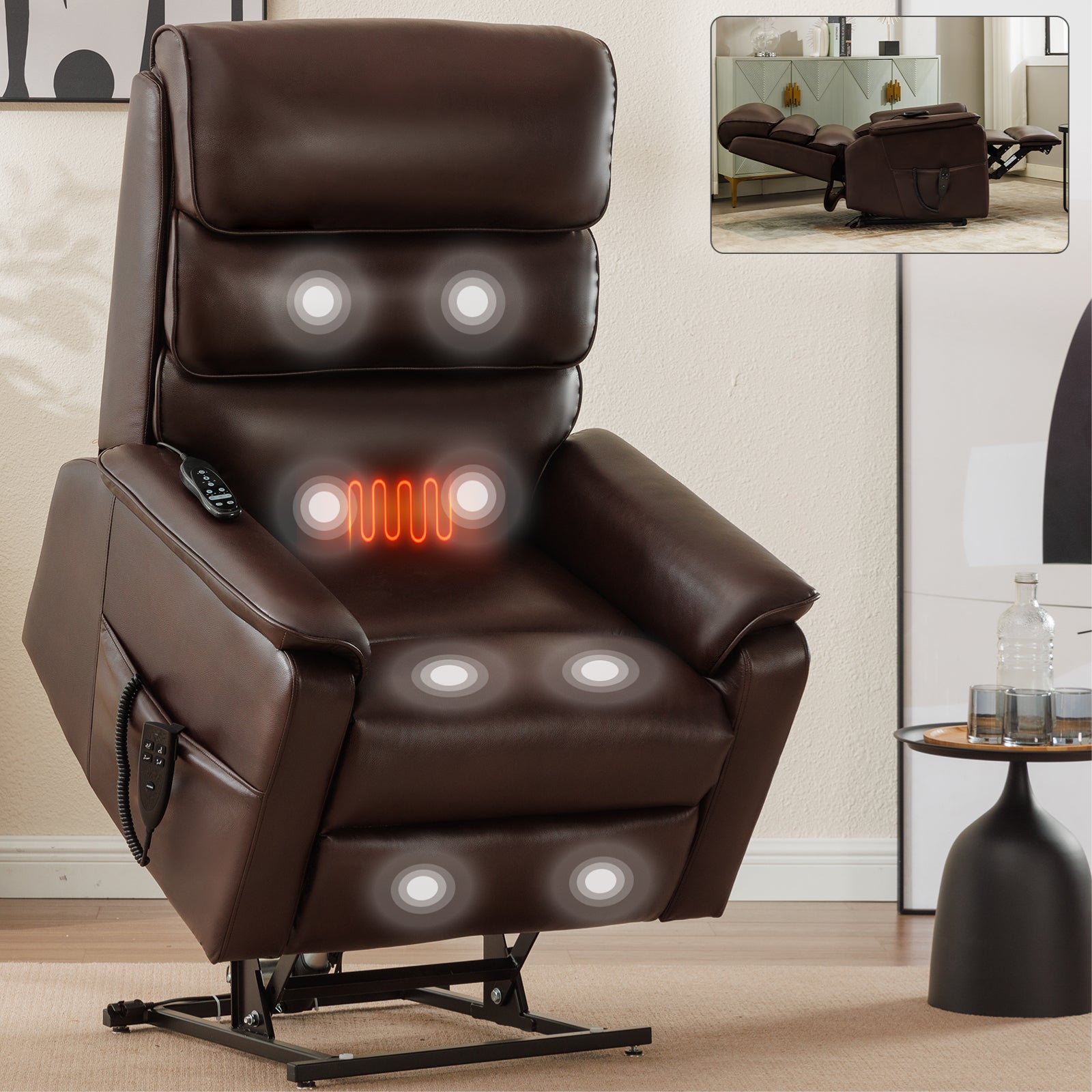 Brown Leatheraire Dual Motor Infinite Position Up to 350 LBS Power Lift Recliner Chair with Power-Remote, Heat Massage and Heavy Duty Motion Mechanism