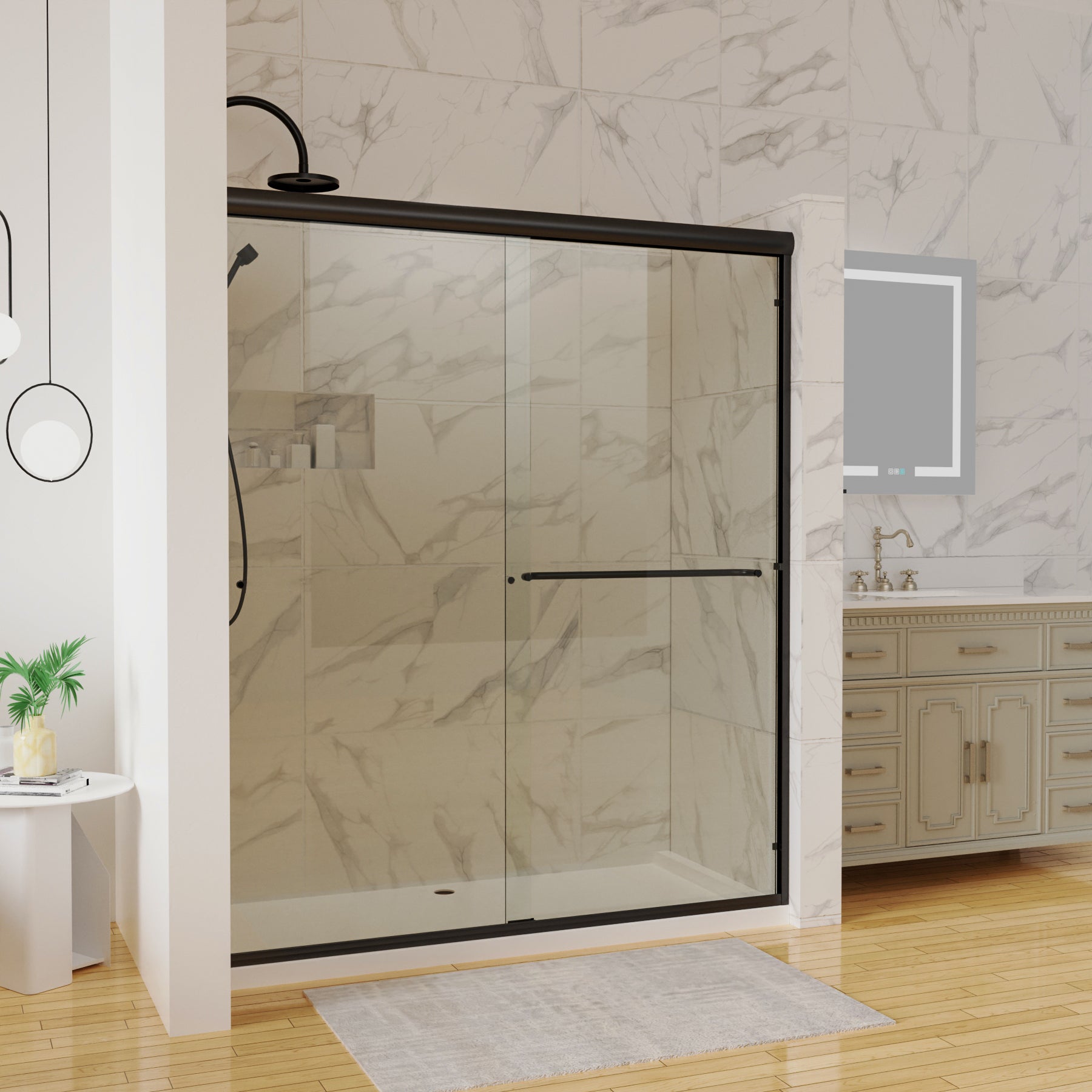 60"Wx 70"H Traditional Sliding Shower Door in Matte black with Clear Glass