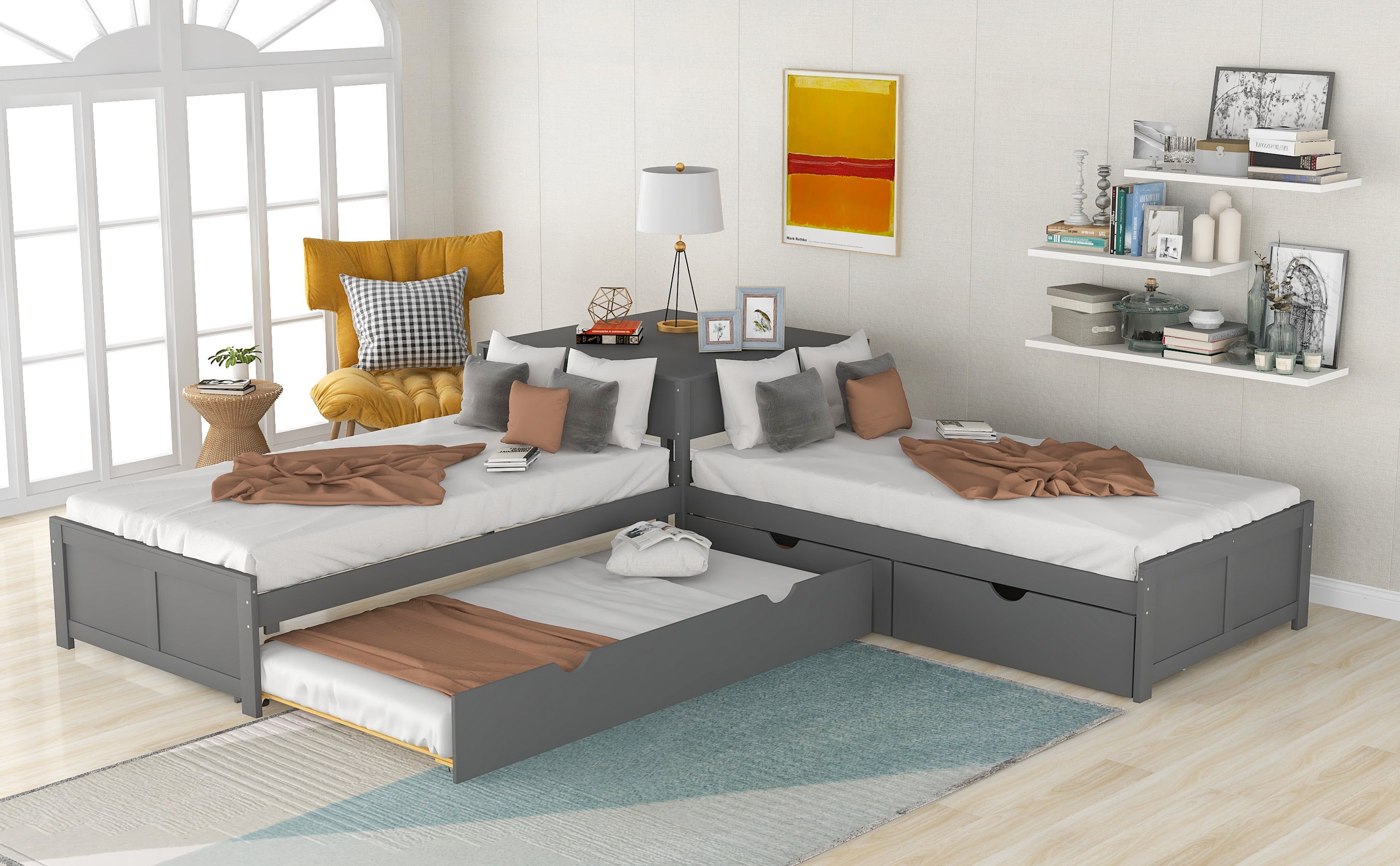 L-shaped Platform Bed with Trundle and Drawers Linked with built-in Desk,Twin,Gray(Old SKU:SM000916AAE-1)