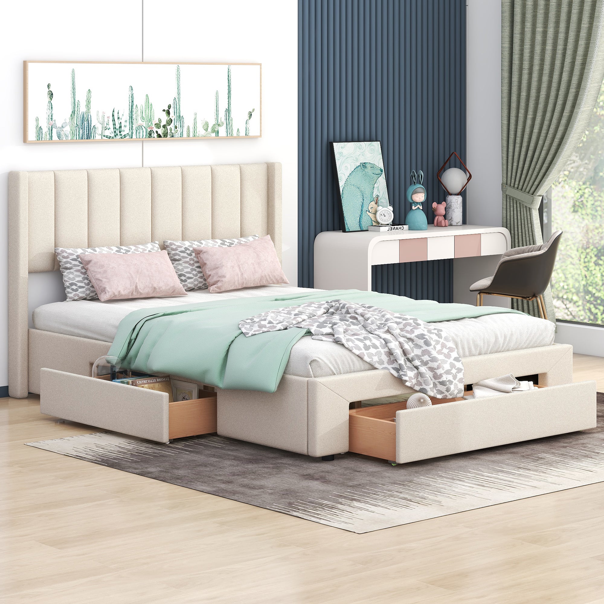 Queen Size Upholstered Platform Bed with One Large Drawer in the Footboard and Drawer on Each Side,Beige