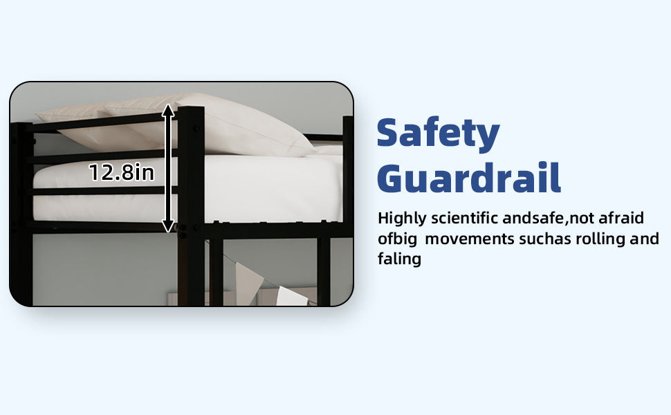 Black metal bunk bed showing full-length safety guardrail on upper bunk