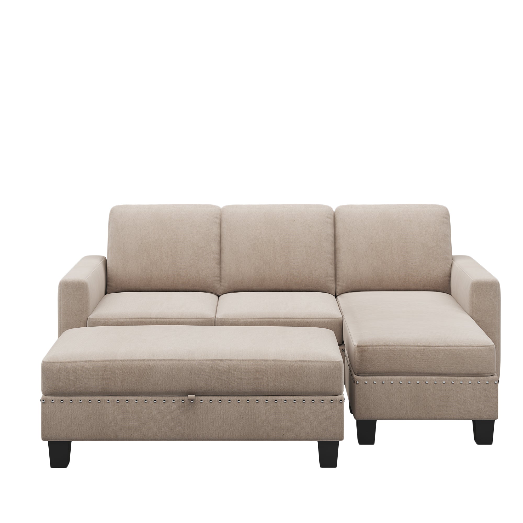 [New] [VIDEO provided] 81.1*76.3*35" Reversible Sectional Couch with Storage Ottoman L-Shaped Sofa,Sectional Sofa with Chaise,Nailheaded Textured Fabric 3 pieces Sofa Set,Warm Grey