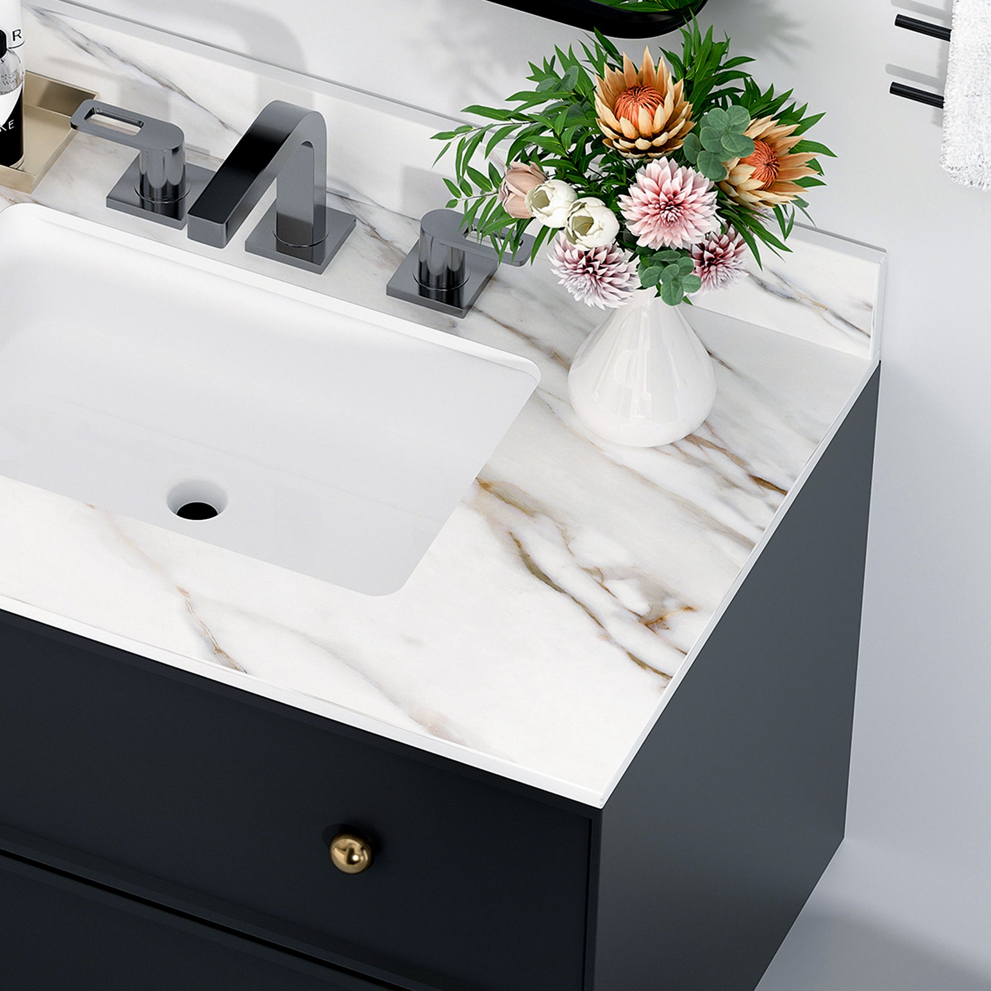 37 Inch Marble Vanity Top, Bathroom Vanity Top with Undermount Rectangular Middle Sink and 4" Height Backsplash, Pre-Drilled 8 Inch Faucet Hole Spread Vanity Top, Carrara white with veins