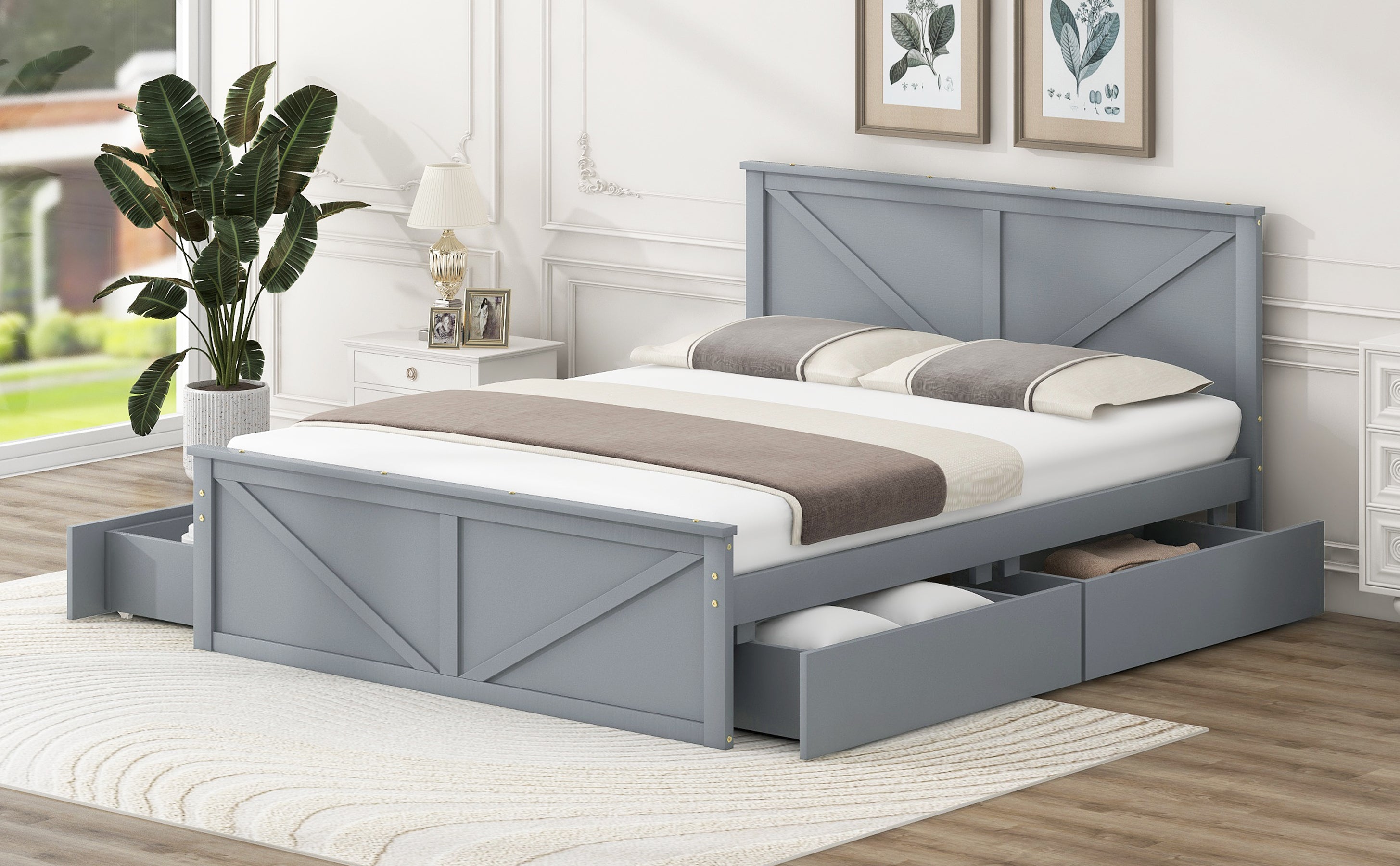 Queen Size Wooden Platform Bed with Four Storage Drawers and Support Legs, Gray