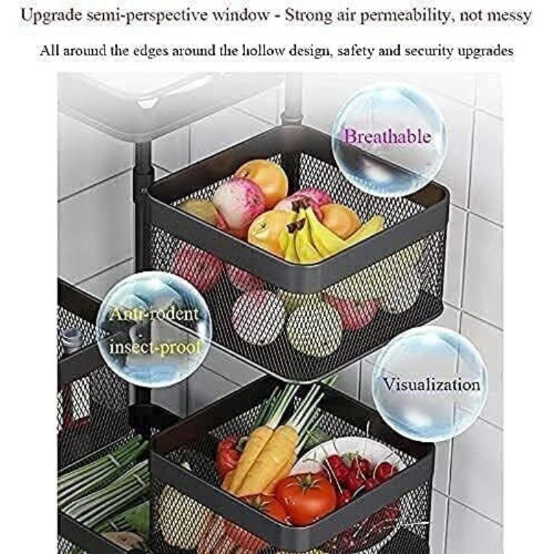 Rotating Kitchen Storage Shelf 5 Tier, Metal Fruit Vegetable Storage Basket Multi-Layer Vegetable Rack Storage Trolley on Wheels, Floor-Standing Basket for Kitchen Bathroom, Square