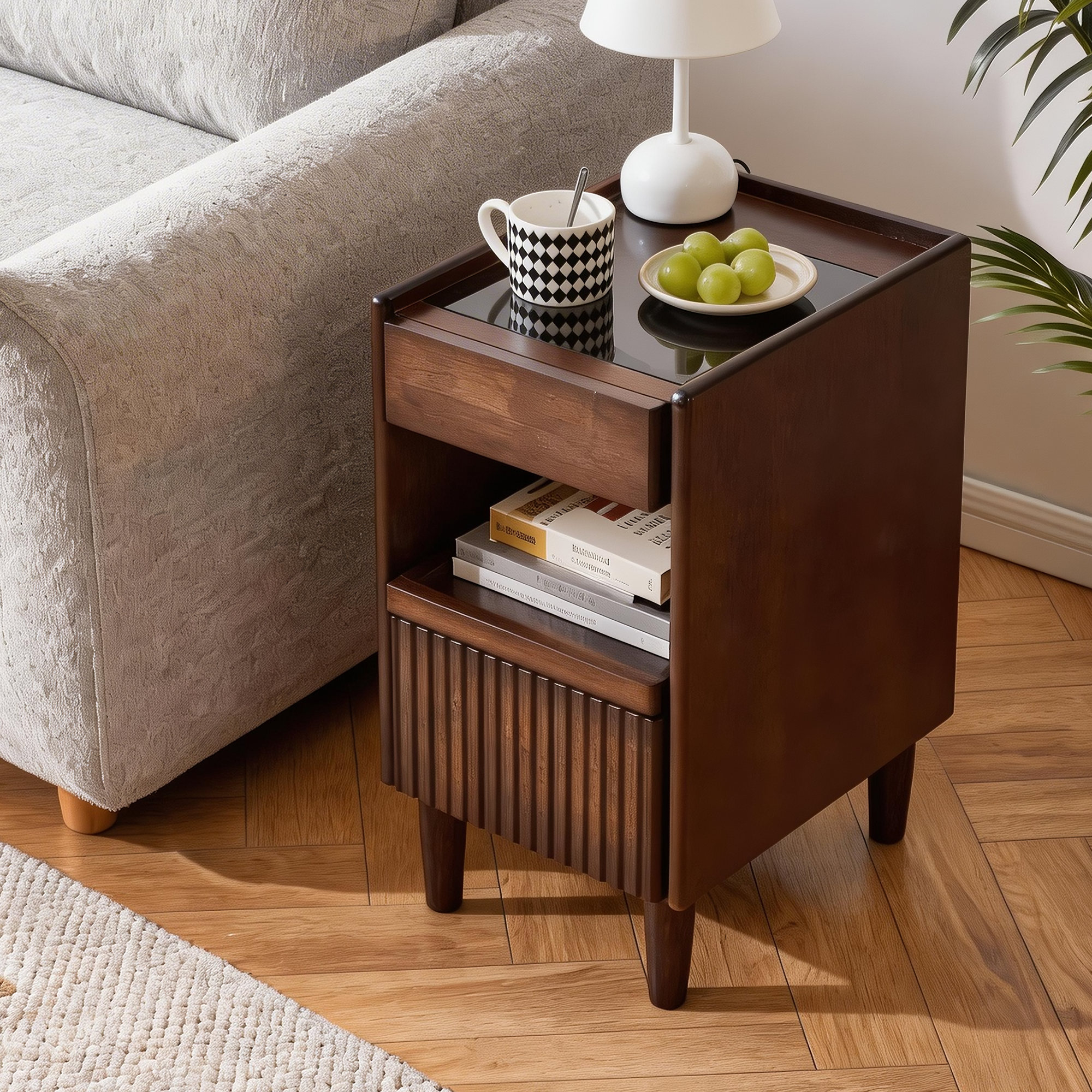 Narrow wood nightstand side table, wood-tone finish, side profile view