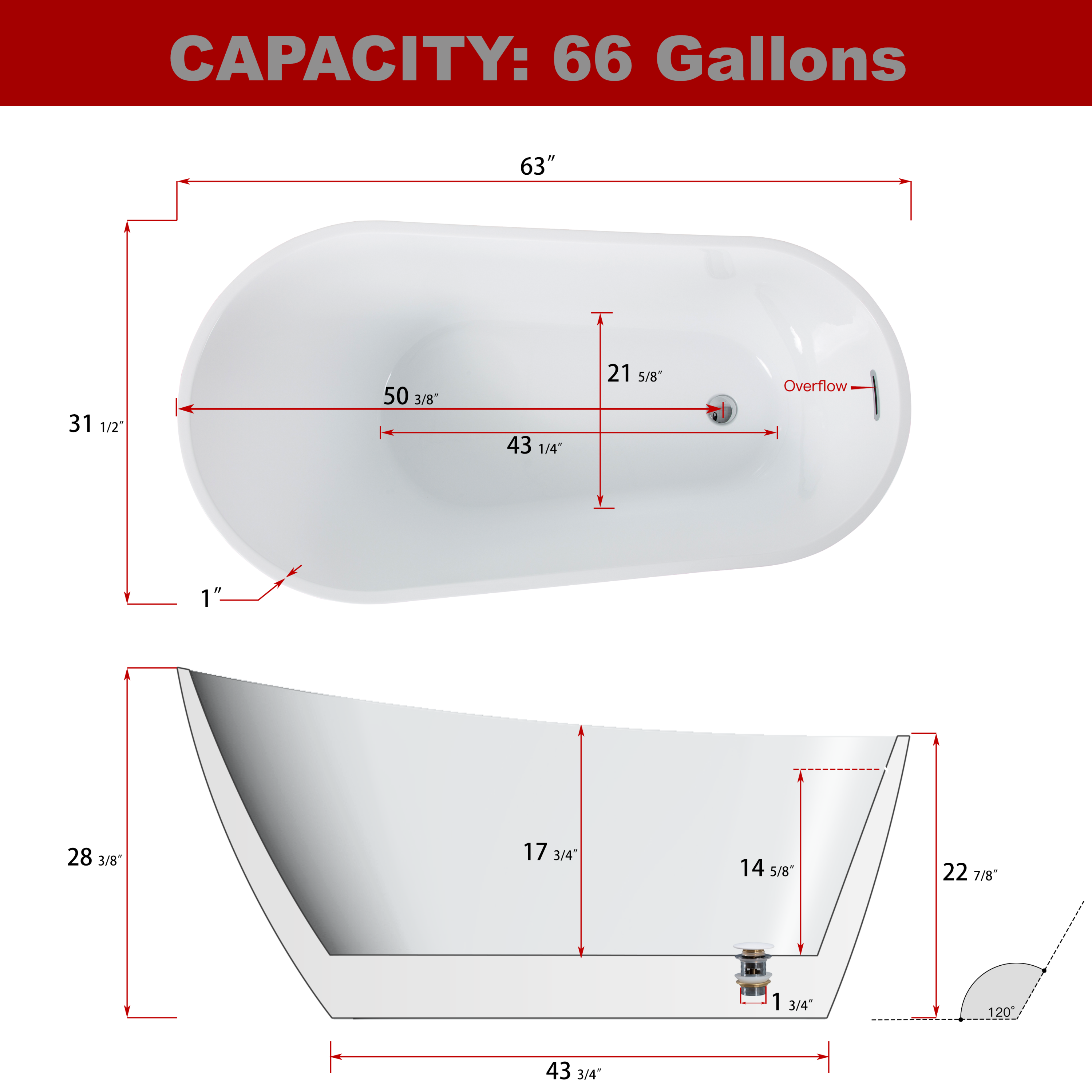 Contemporary High-Gloss Acrylic Freestanding Soaking Bathtub with Chrome Overflow in White, cUPC Certified - 63*31.5 22A04-63