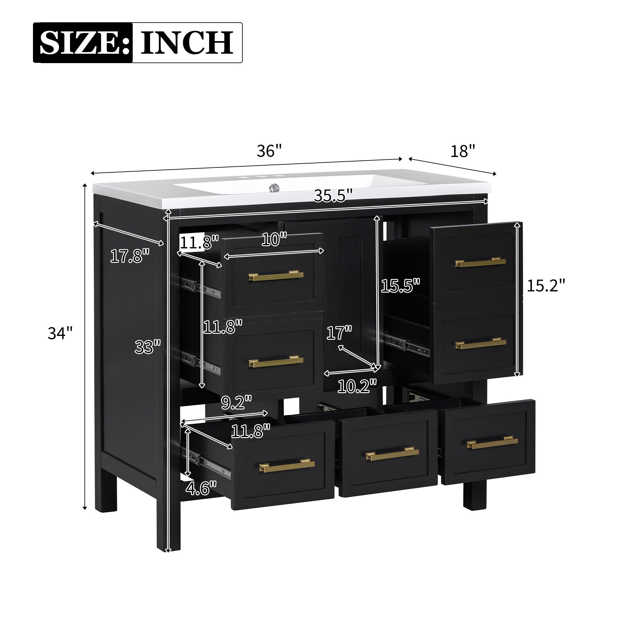 36'' Bathroom Vanity with Resin Sink Combo, Solid Wood Frame Bathroom Storage Cabinet, Freestanding Vanity Set with 5 Drawers& Soft Closing Doors (Same as N710S136002B )