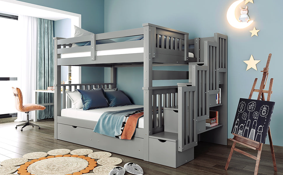 Full Over Full Bunk Bed with Shelves and 6 Storage Drawers, Gray(Old SKU:LP000046AAE)