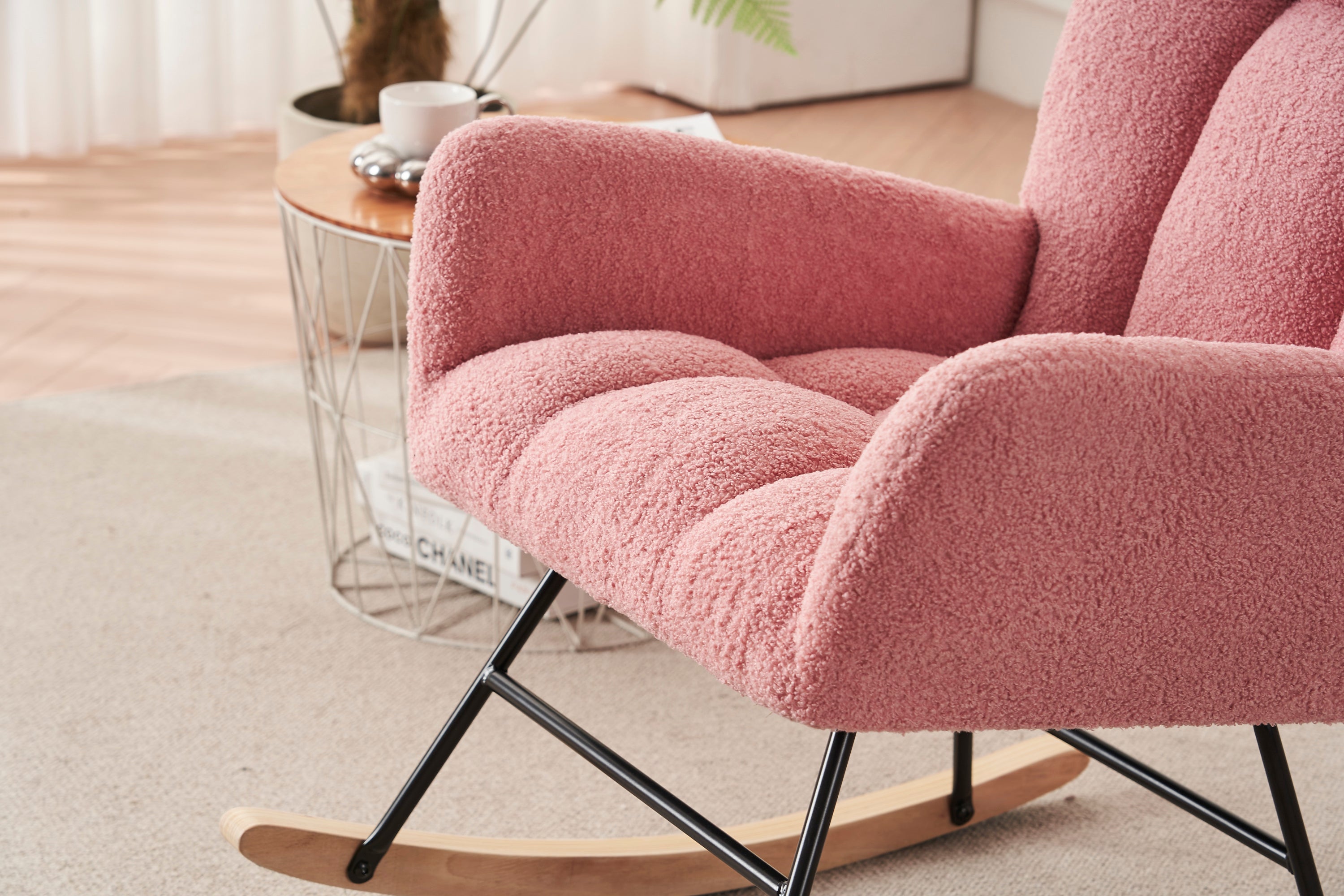 Rocking Chair Nursery, Solid Wood Legs Reading Chair withTeddy Fabric Upholstered, Nap Armchair for Living Rooms, Bedrooms, Offices, Best Gift,Pink Teddy fabric