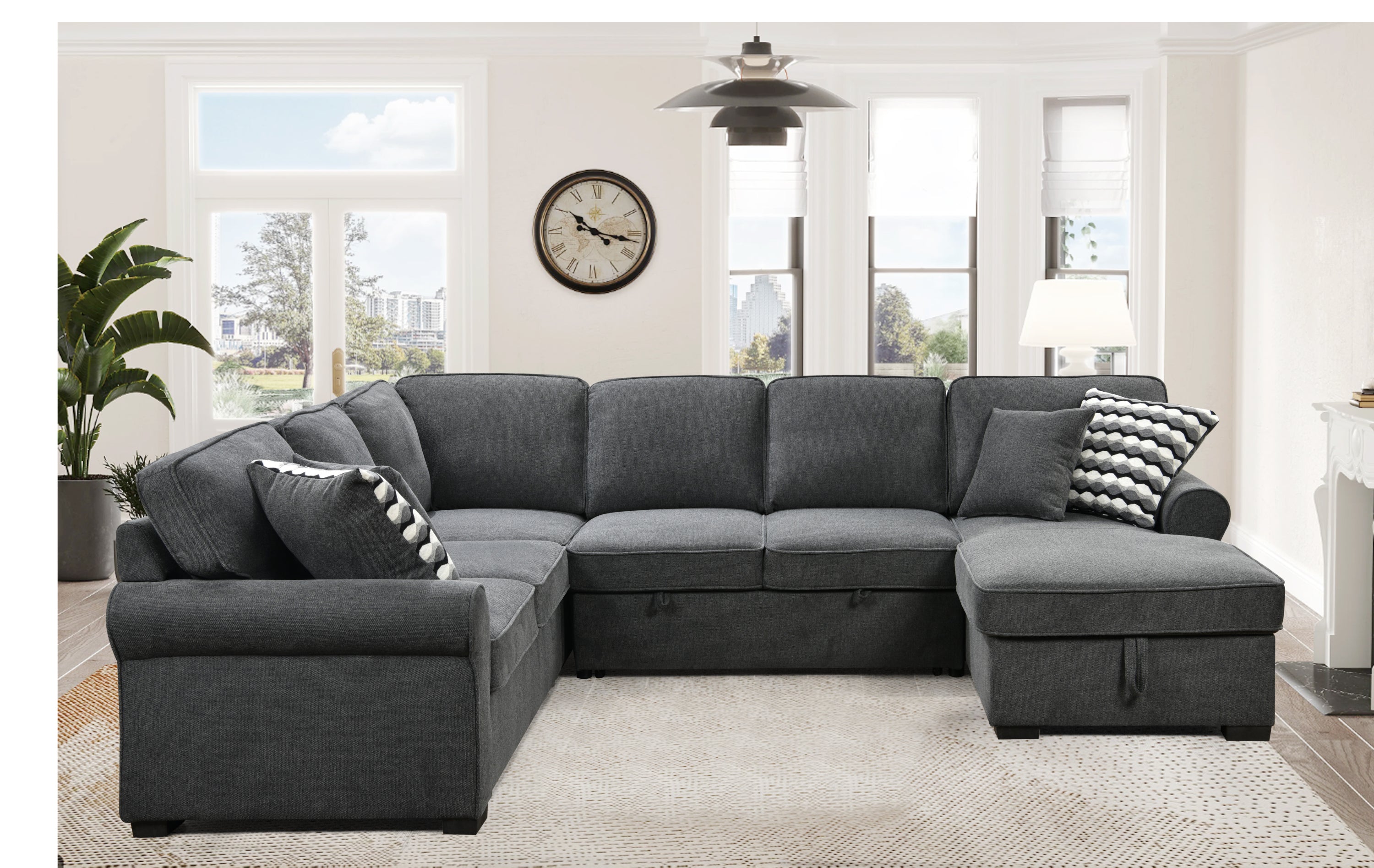 117" Oversized Sectional Sofa with Storage Chaise, Rolled Arms U Shaped Sectional Couch ,Removable Soft Backrest Cushions, with 4 Throw Pillows for Large Space Dorm Apartment,Dark Gray