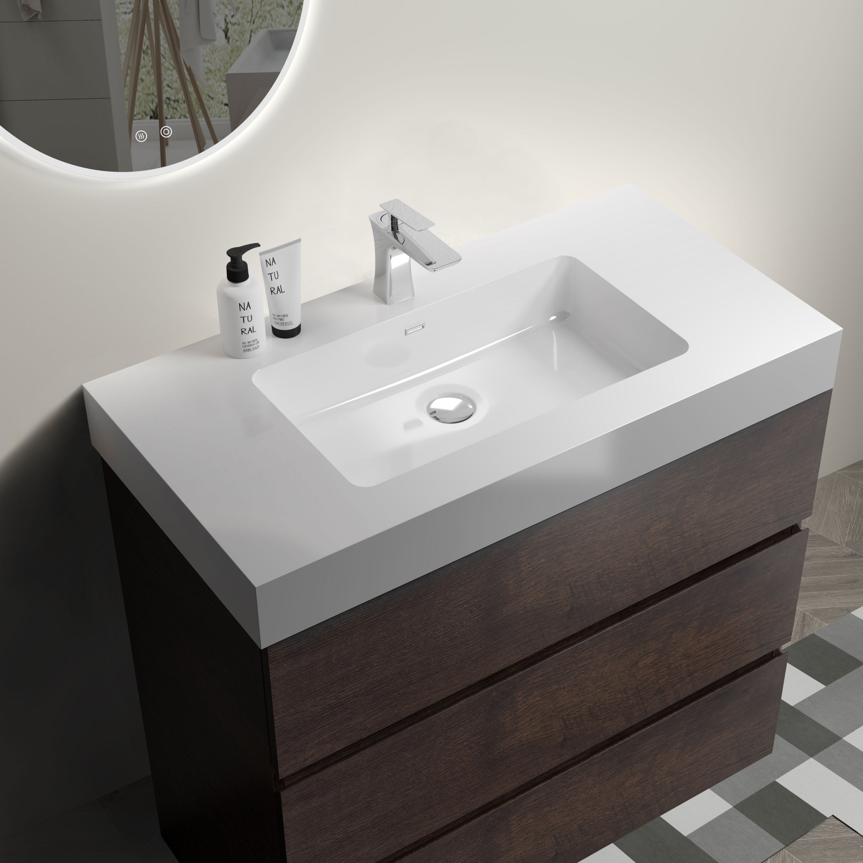 Alice 36" Walnut Bathroom Vanity with Sink, Large Storage Freestanding Bathroom Vanity for Modern Bathroom, One-Piece White Sink Basin without Drain and Faucet, Pre-assembled