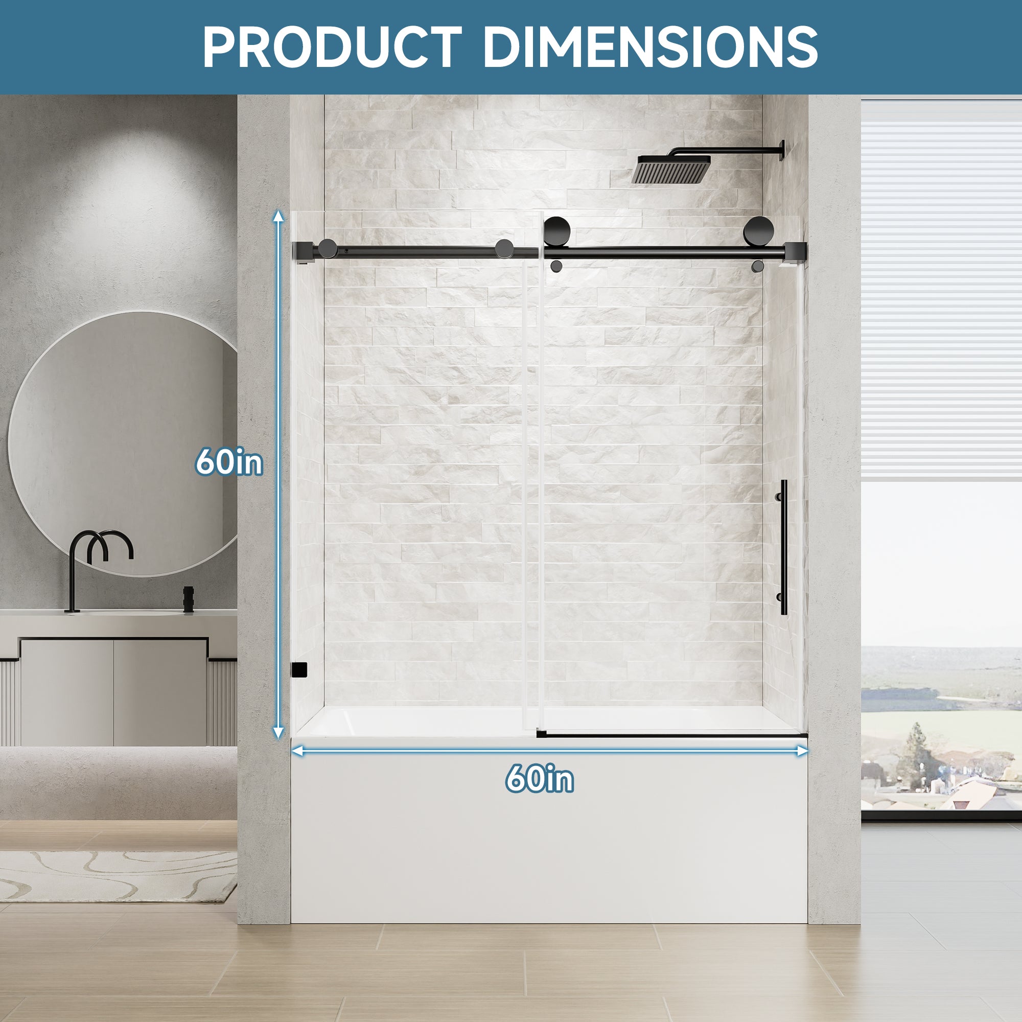 56-60 x 60 in Frameless Single Sliding Bathtub Door - 56-60 x 60 in / Matte Black / 5/16 in Glass view 3