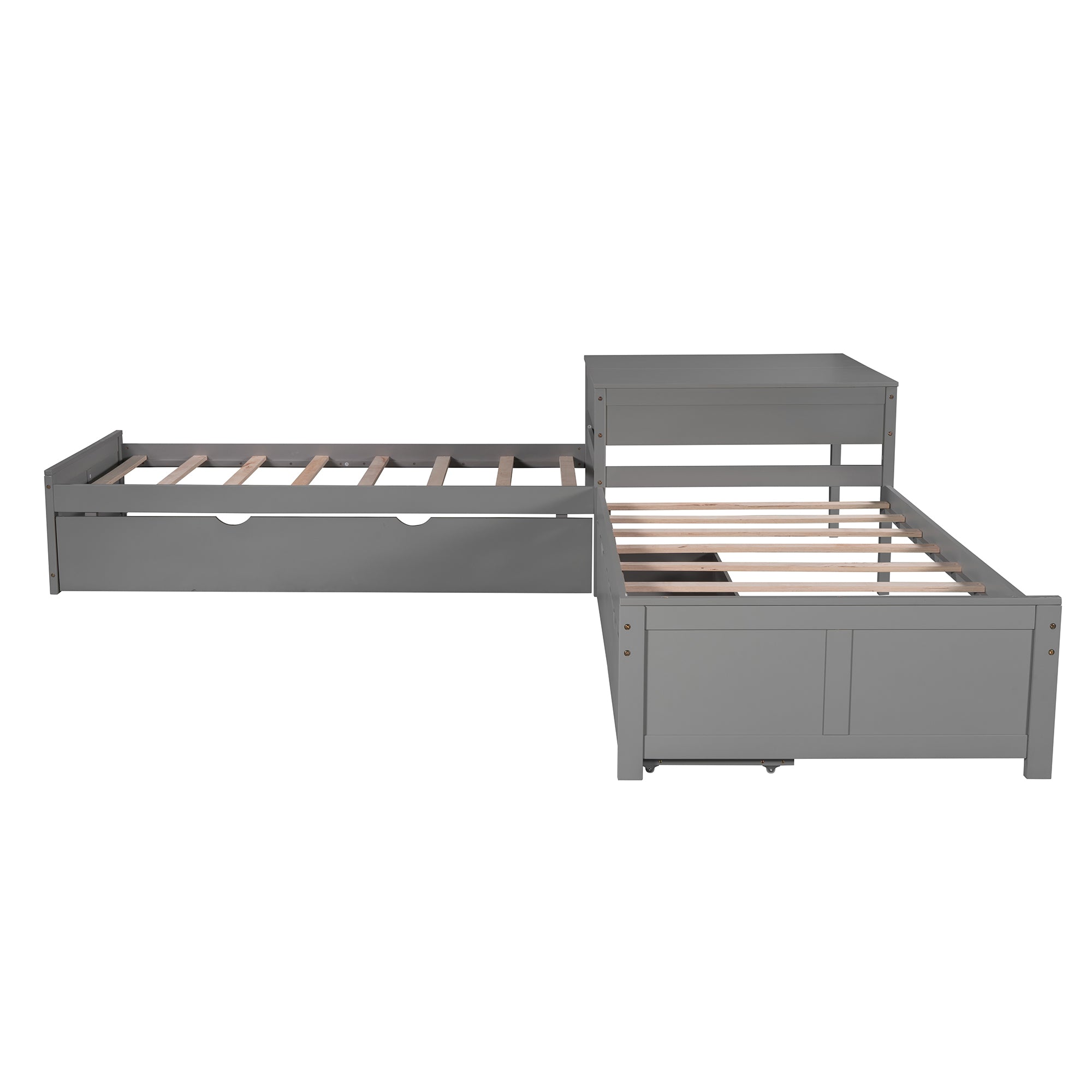 L-shaped Platform Bed with Trundle and Drawers Linked with built-in Desk,Twin,Gray(Old SKU:SM000916AAE-1)