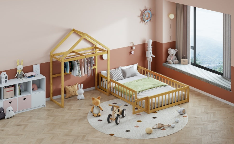 Wooden Floor Bed with Fence Railings and Detachable House Shape Headboard,Full Size Bed with Kids Dress Up Rack, Kids Montessori Style Playhouse Frame for Girls Boys, Natural