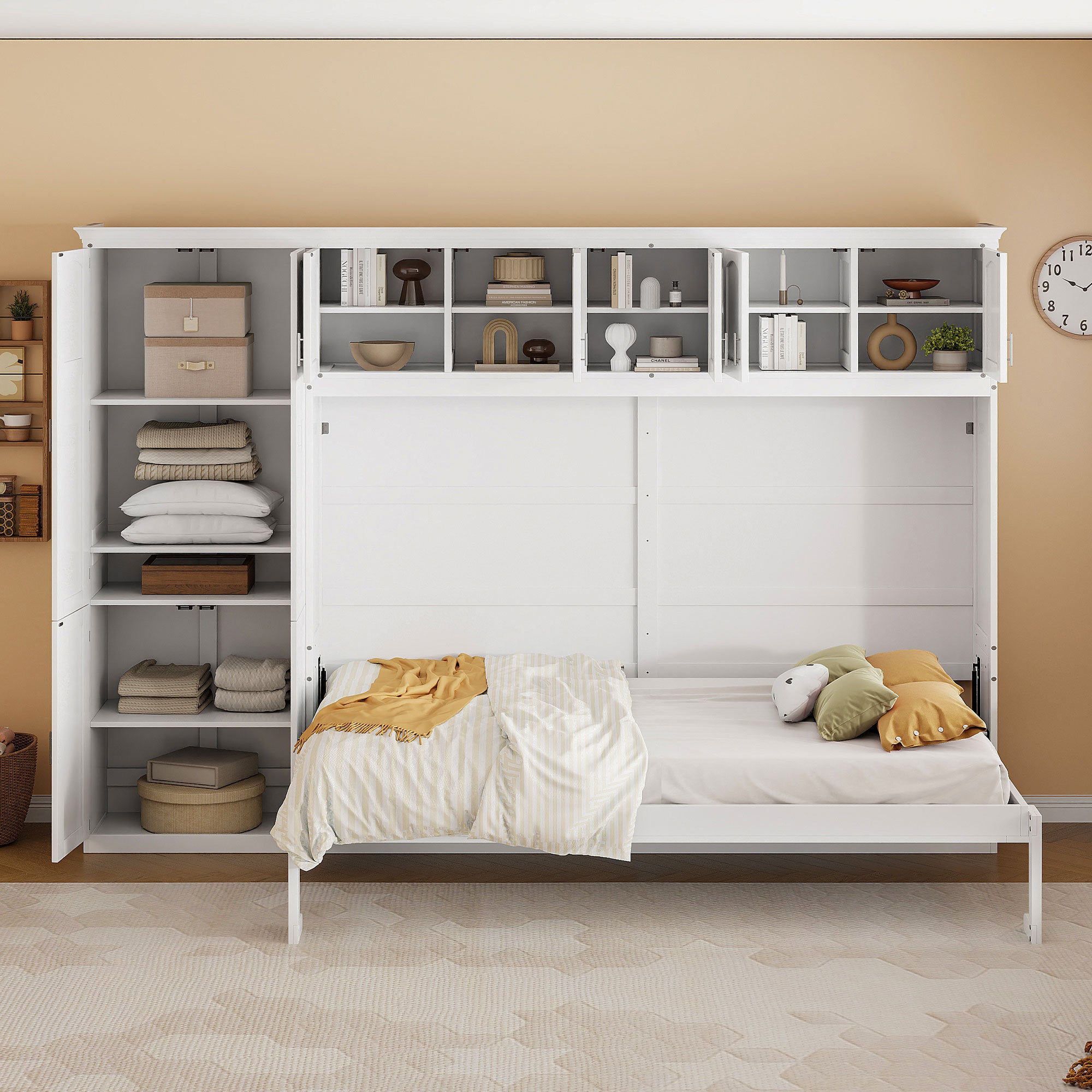 Queen Size Murphy Bed Wall Bed with Cabinets,White