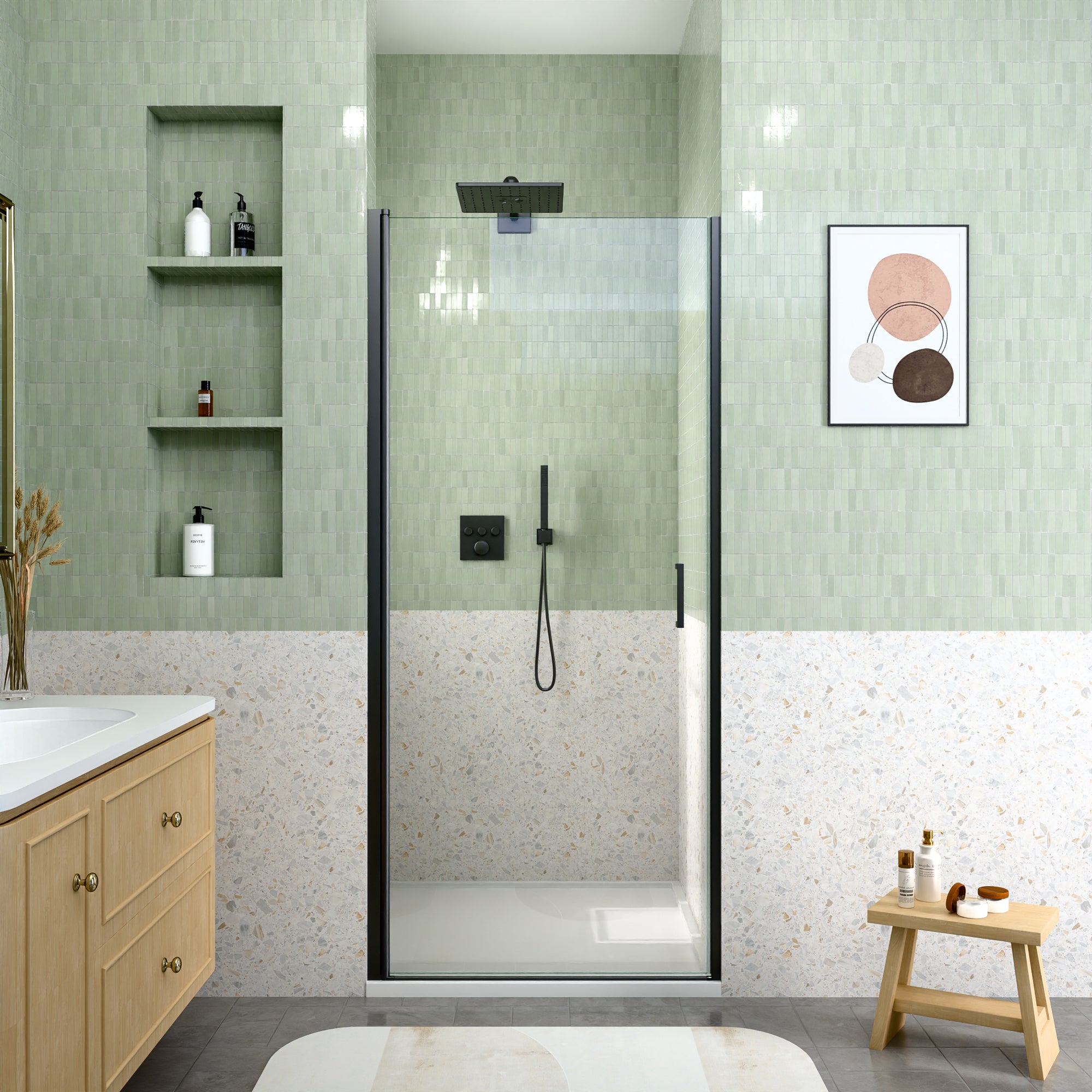 Semi-frameless pivot shower door 34x72 matte black front view