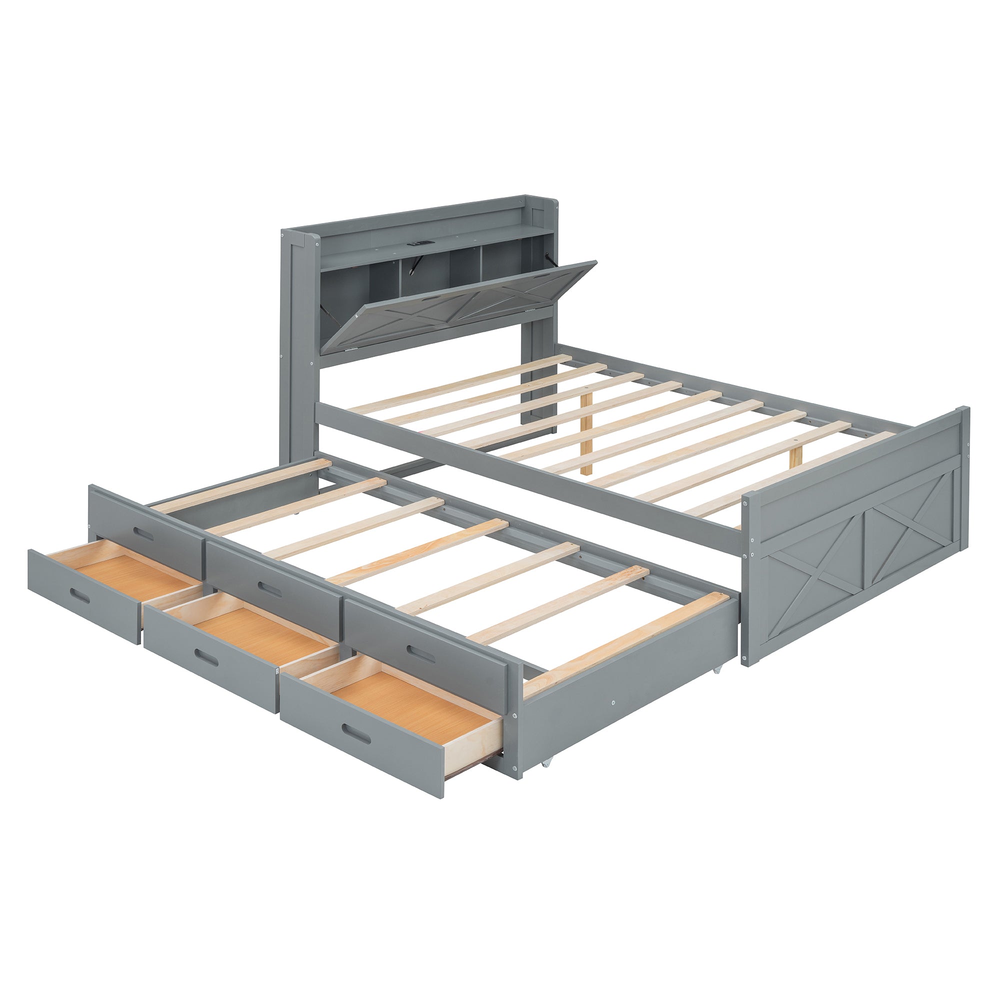 Full Size Wooden Bed with Storage Headboard with Outlets, Extendable Bed with Twin Size Trundle with Three Storage Drawers,Gray