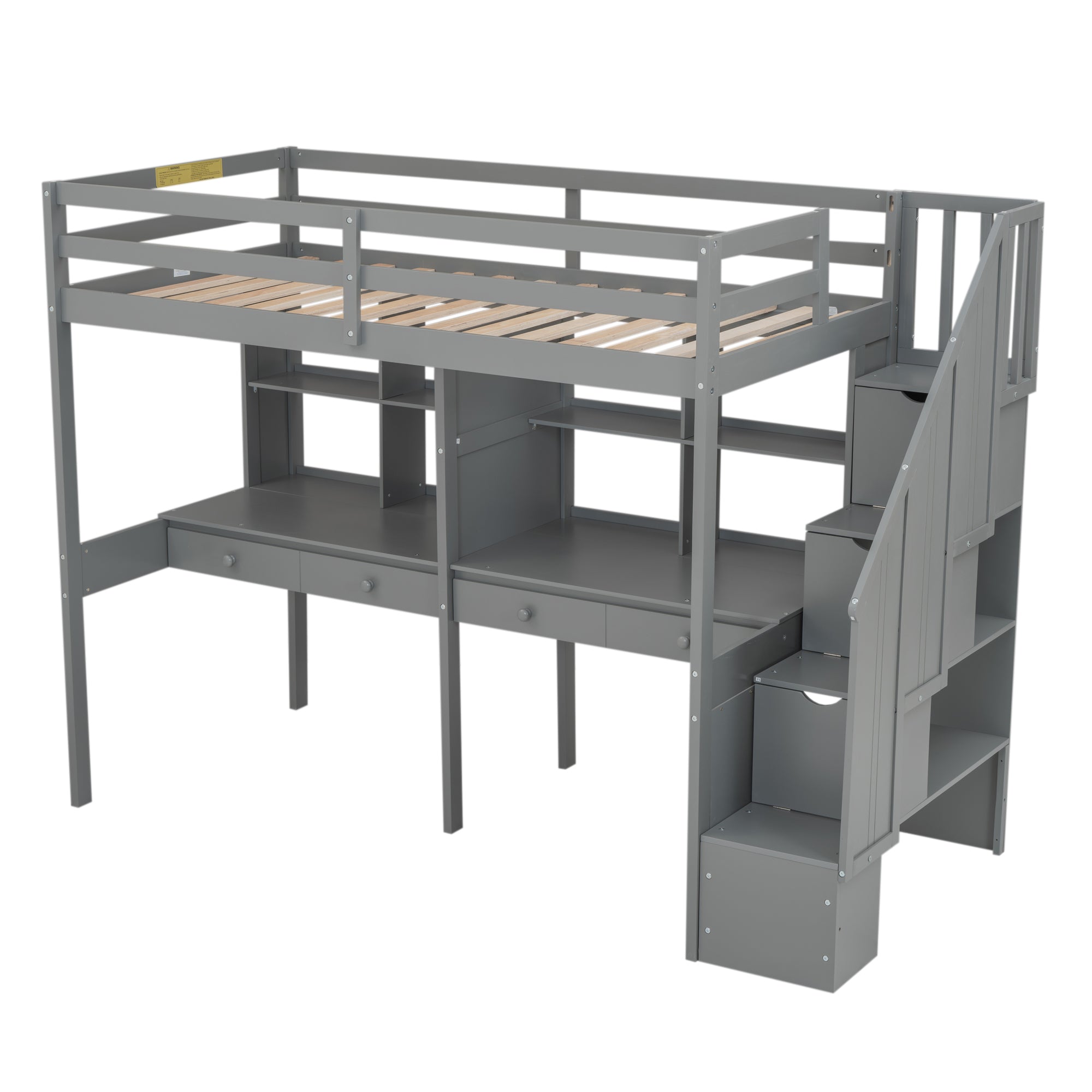 Twin Size Loft Bed Frame with Storage Staircase and Double Desks and Shelves,Gray