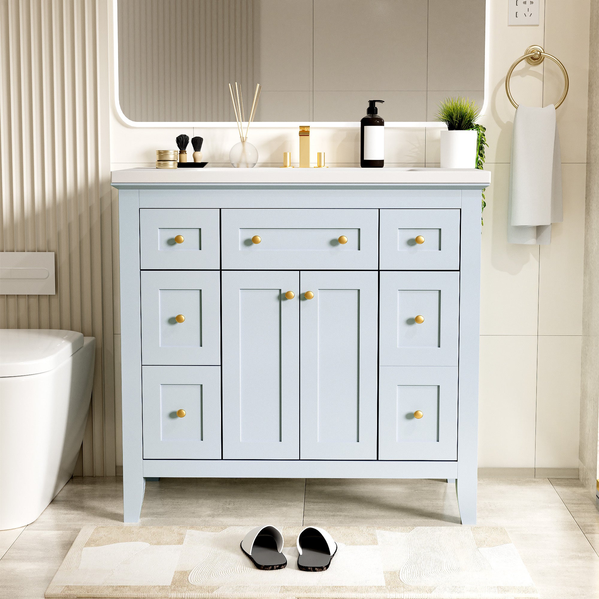 36'' Bathroon Vanity with Resin Sink Combo Set, Modern Freestanding Single Bathroom Cabinet with 6 Drawers & 2 Cabinets, Storage Cabinet for Bathroom, Solid Wood Frame Vanity Set, Light Blue