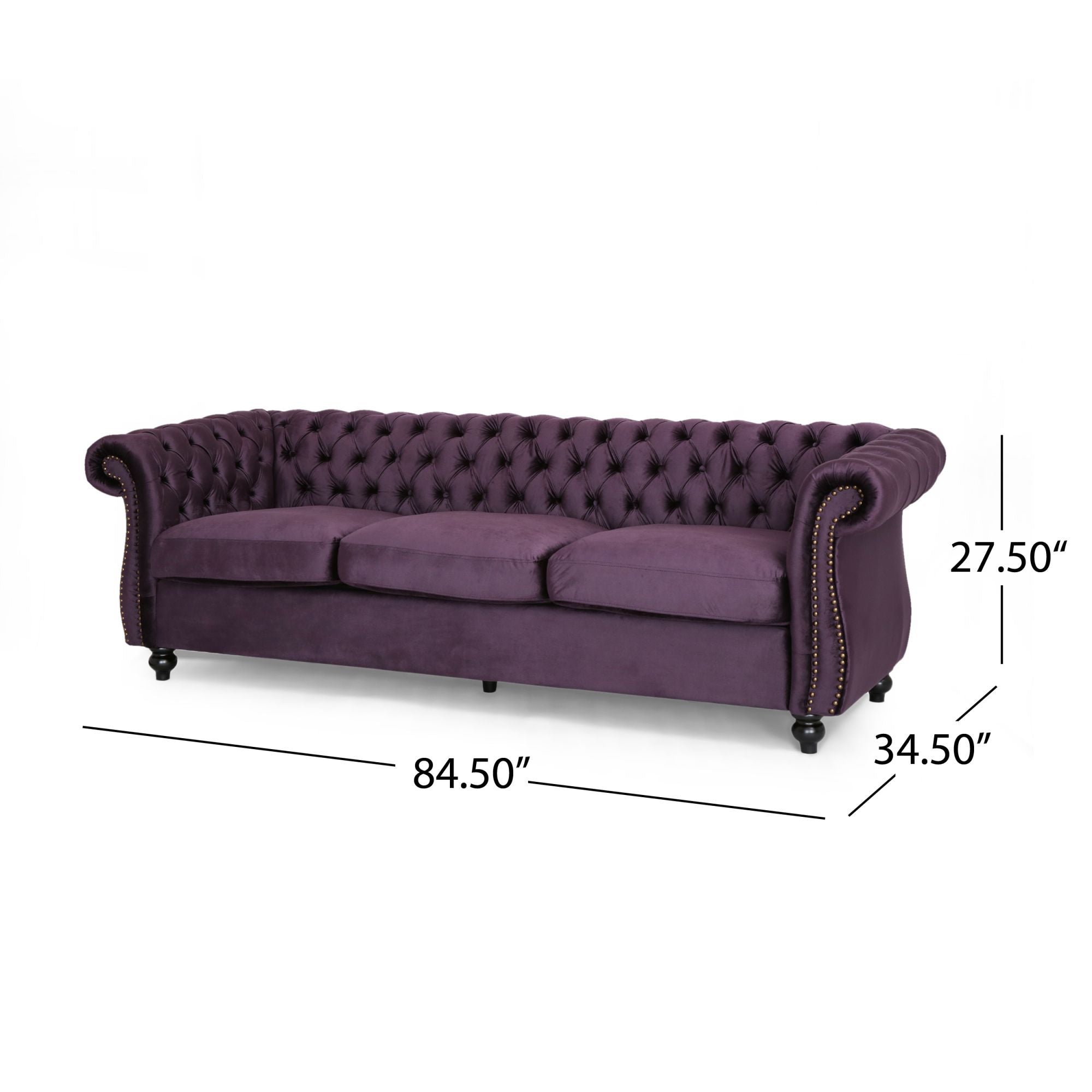 Luxurious 3-Seater Purple Velvet Sofa, Featuring a Classic Design with Modern Elegance, Perfect for Adding Sophistication and Style to Any Living Room, Plush Comfort and Durable Craftsmanship