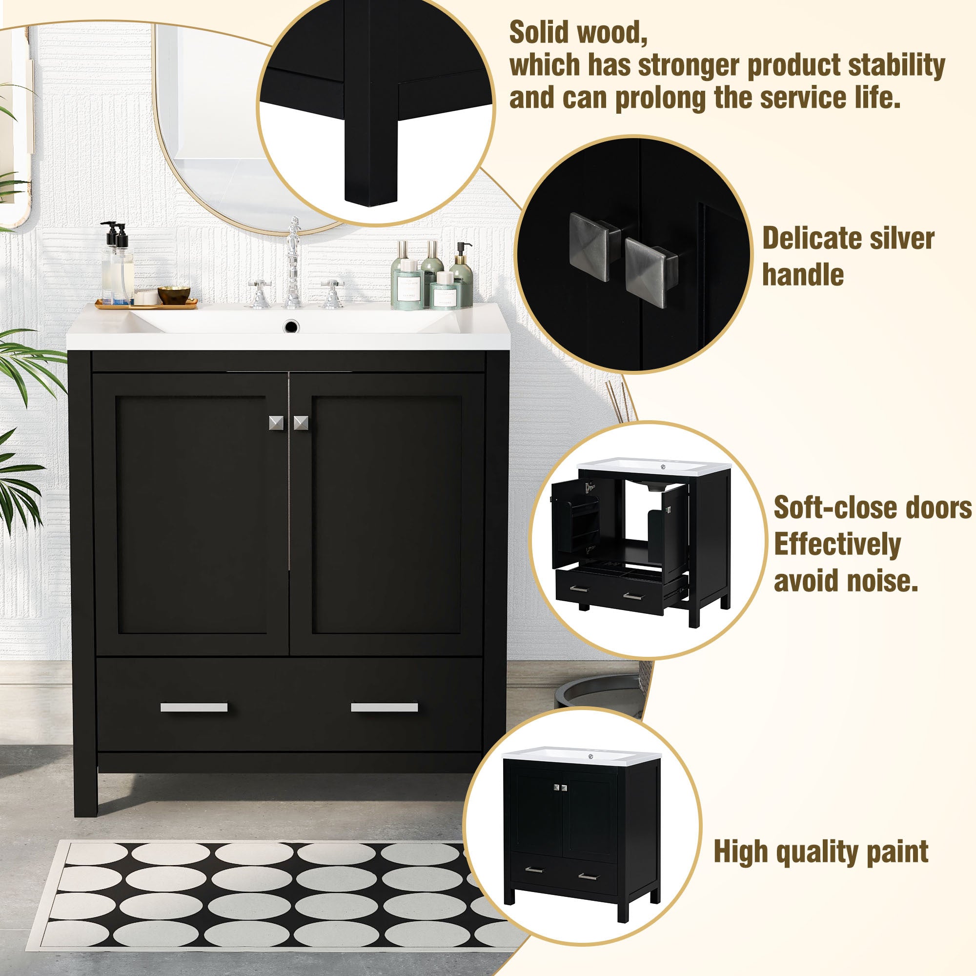 30" Black Bathroom Vanity with Single Sink, Combo Cabinet Undermount Sink, Bathroom Storage Cabinet with 2 Doors and a Drawer, Soft Closing, Multifunctional Storage, Solid Wood Frame