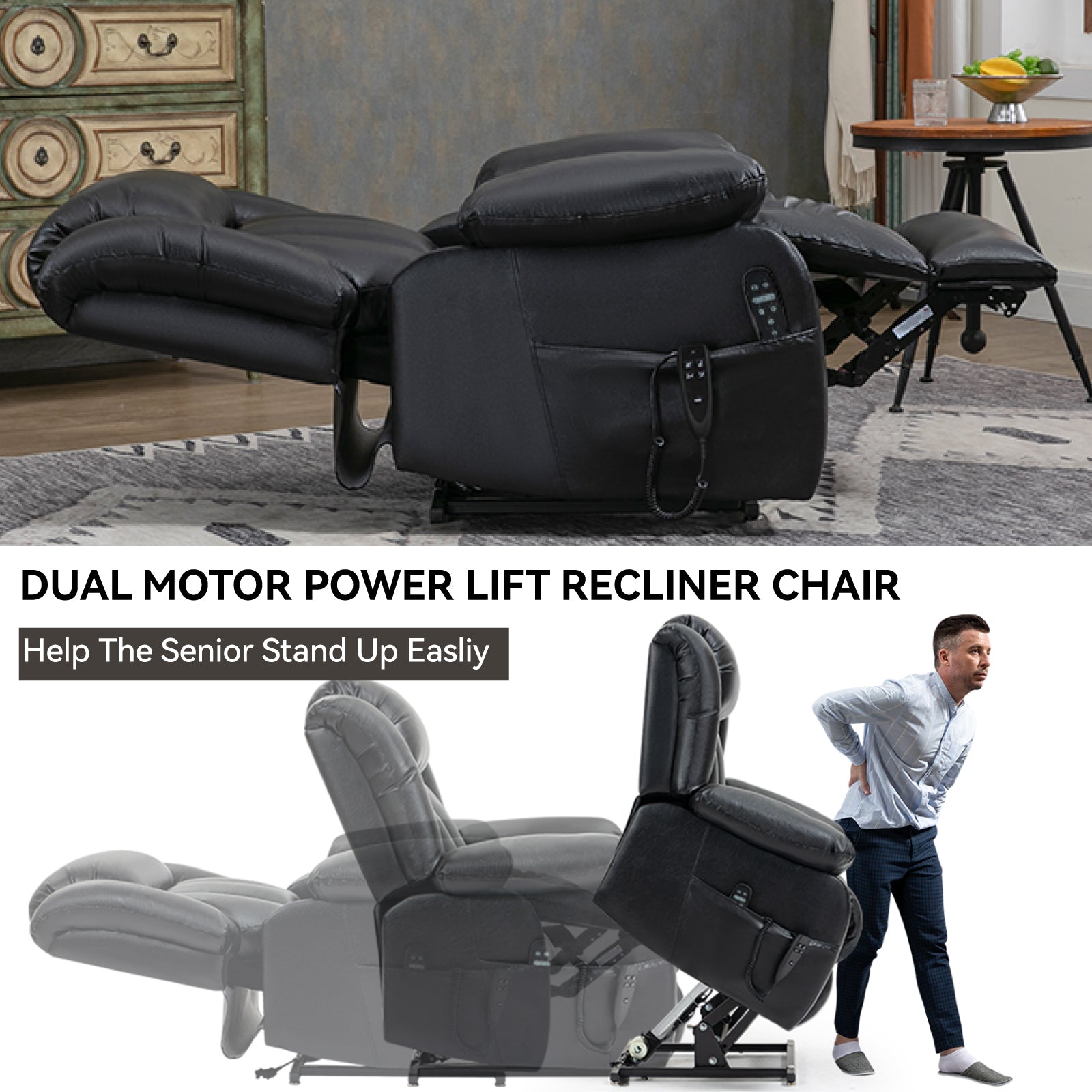 Dual Motor Infinite Position Up to 350 LBS Electric Medium size Genuine Leather Black Power Lift Recliner Chair with 8-Point Vibration Massage and Lumbar Heating