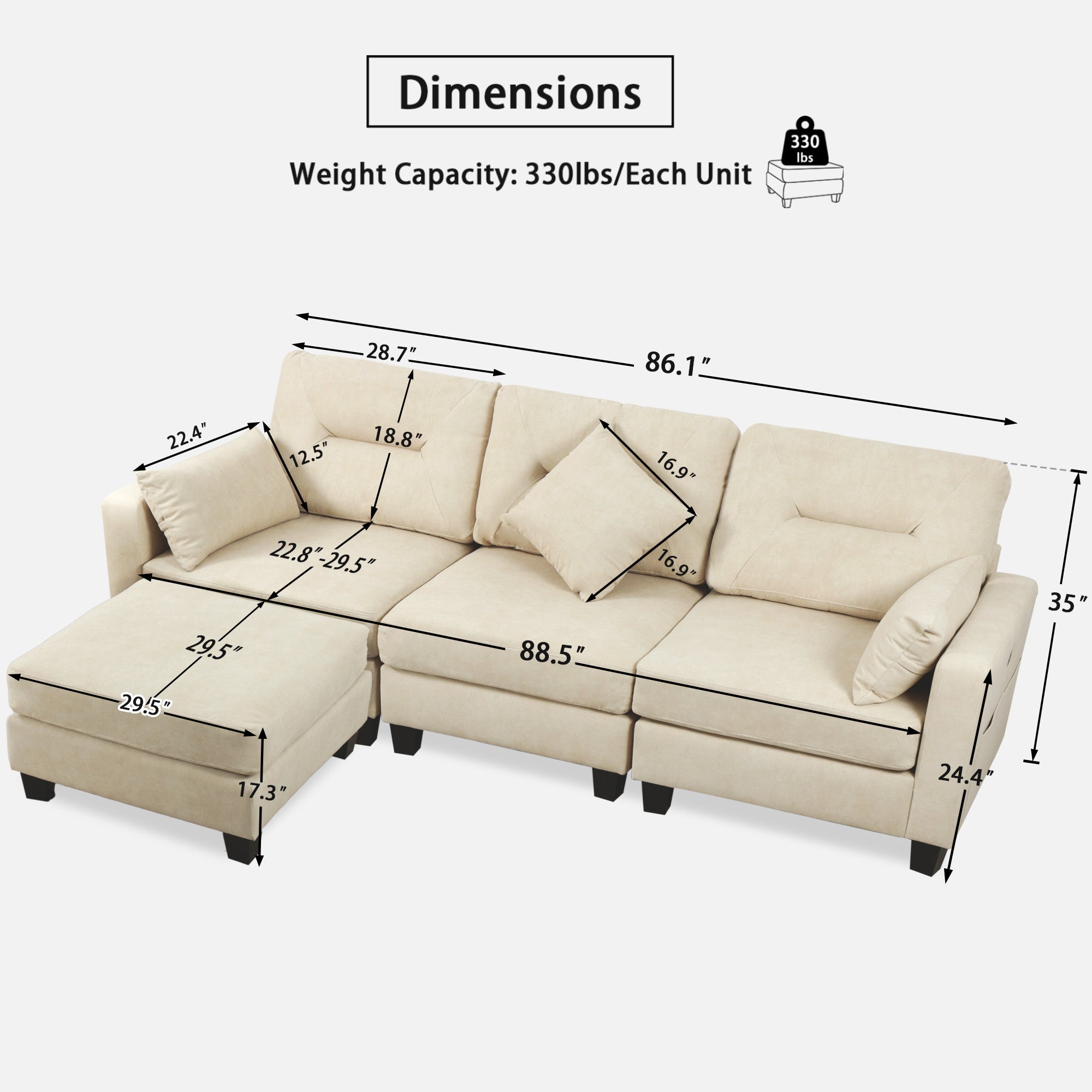 Oversized 86.1'' L Shaped Modular Sectional Couches with USB Ports, Ottoman, Lumbar Pillows