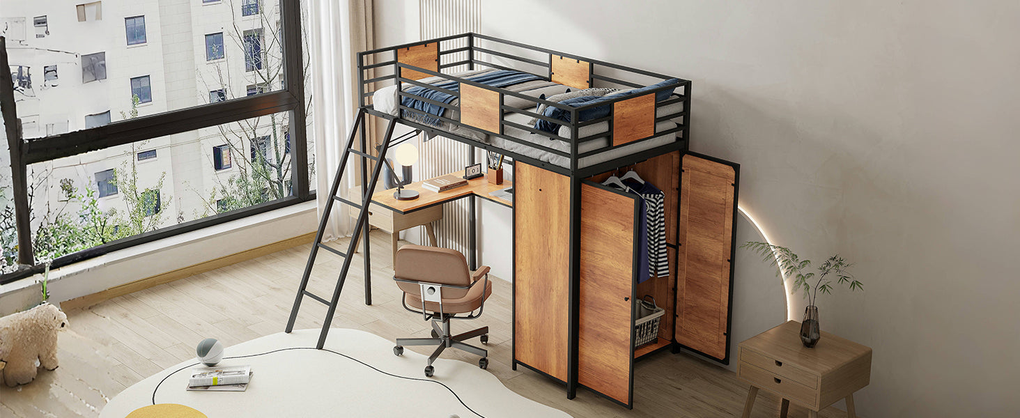 Twin Size Loft bed with L-shape Desk and Wardrobe, Black