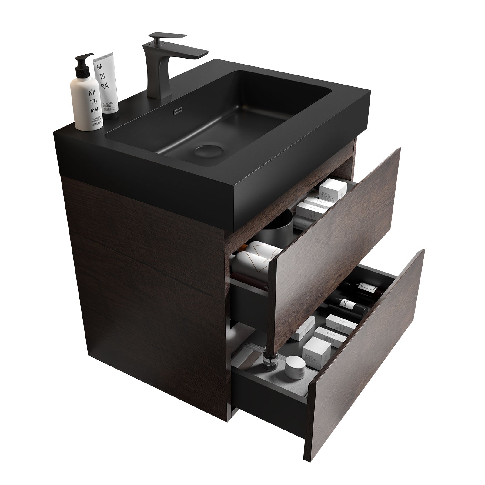 Alice 24" Walnut Bathroom Vanity with Sink, Large Storage Wall Mounted Floating Bathroom Vanity for Modern Bathroom, One-Piece Black Sink Basin without Drain and Faucet, Pre-assembled