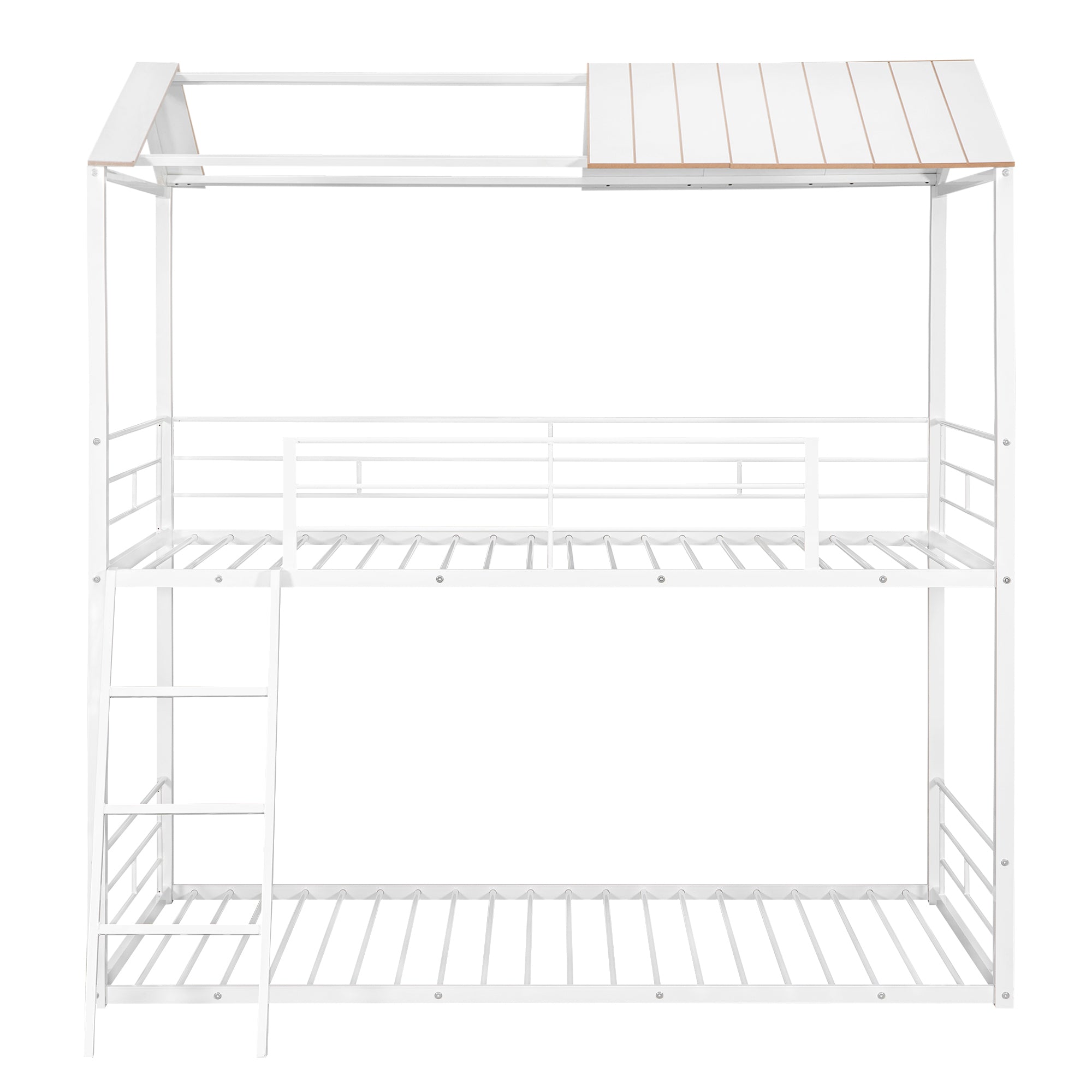 Twin Over Twin Bunk Bed Metal Bed with Half Roof, Guardrail and Ladder White