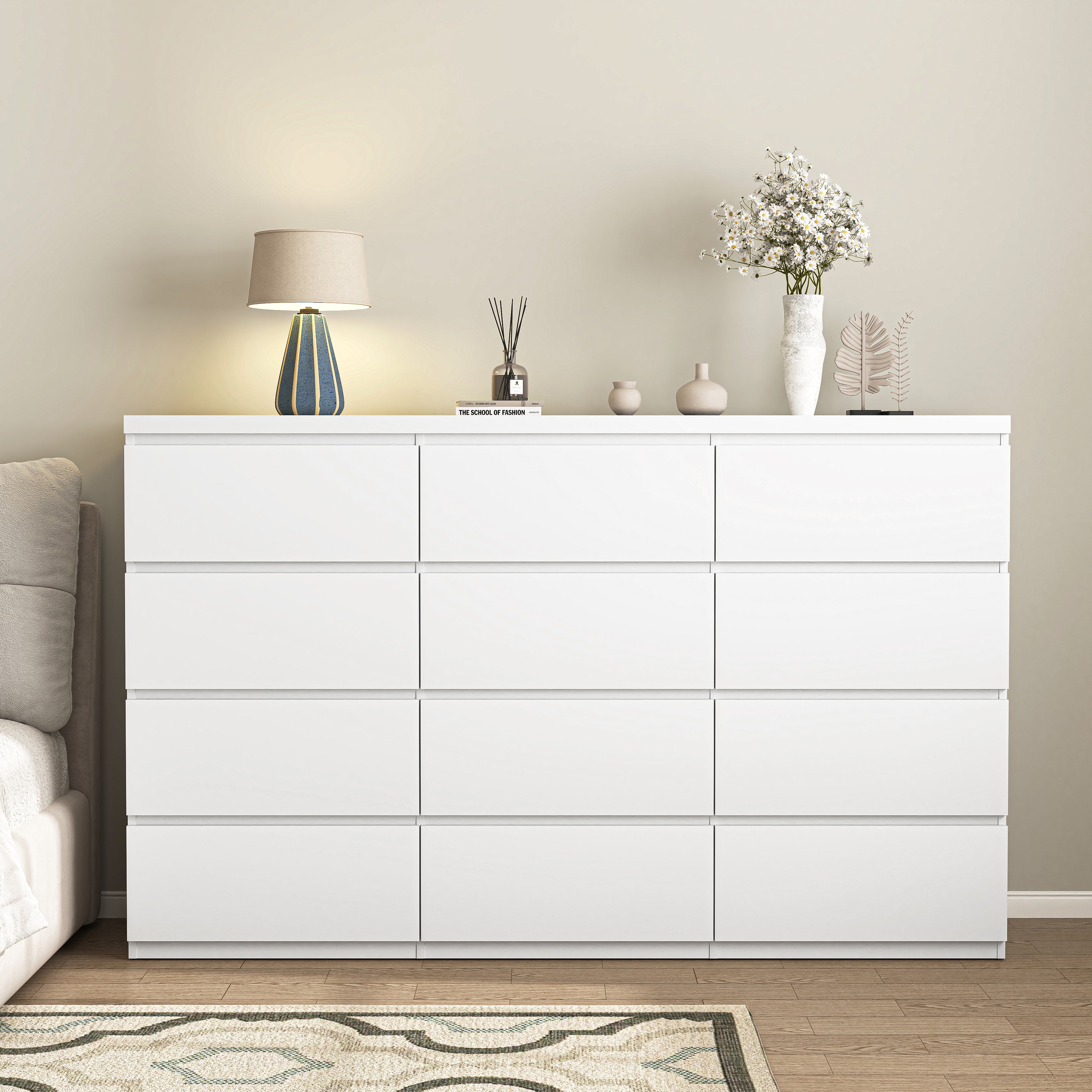 12-drawer double dresser in white wood, front view