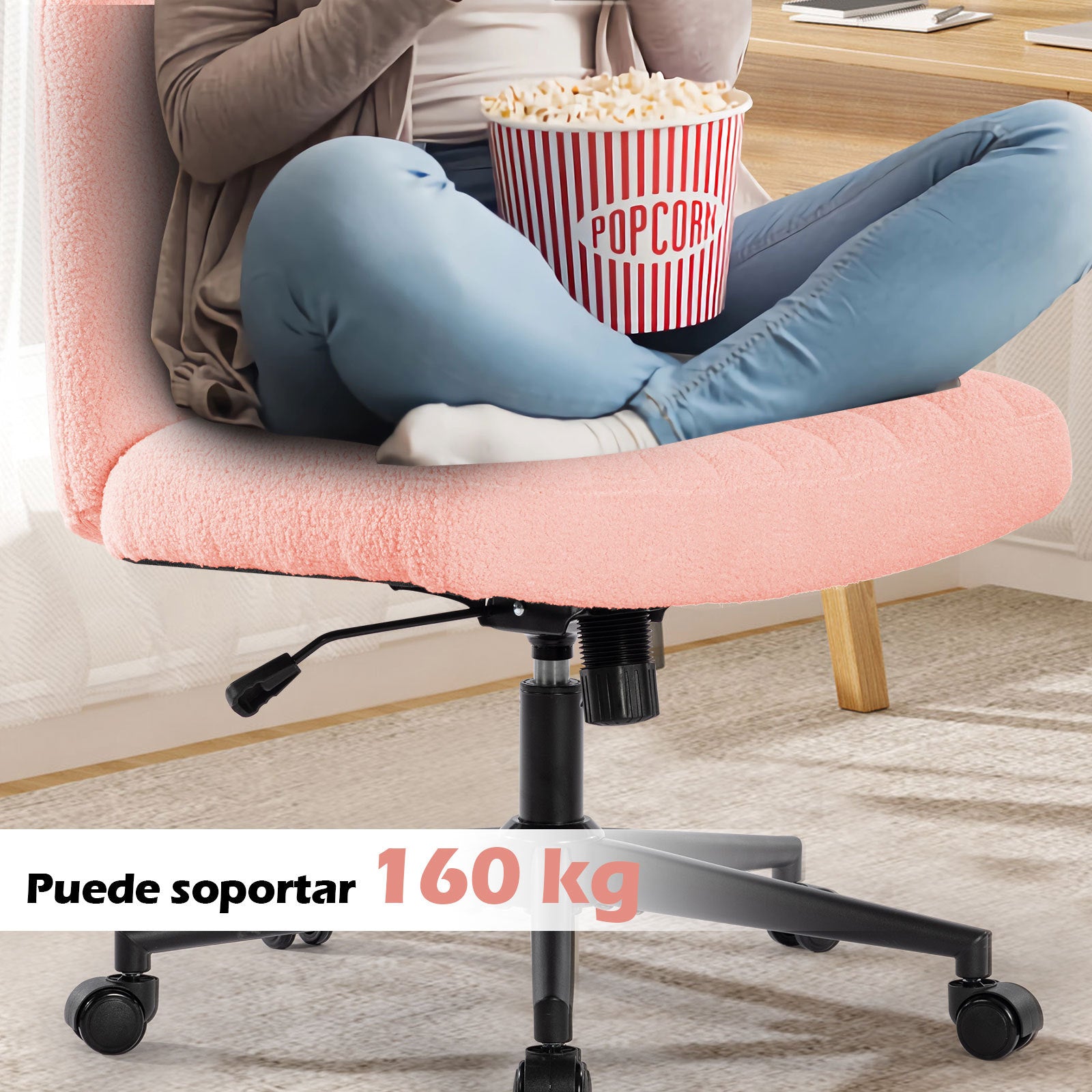 Office chair with wheels, armless office chair, Teddy velvet wide seat home office chair, cute computer chair with 15 ° swing backrest, suitable for bedrooms and dressing tables