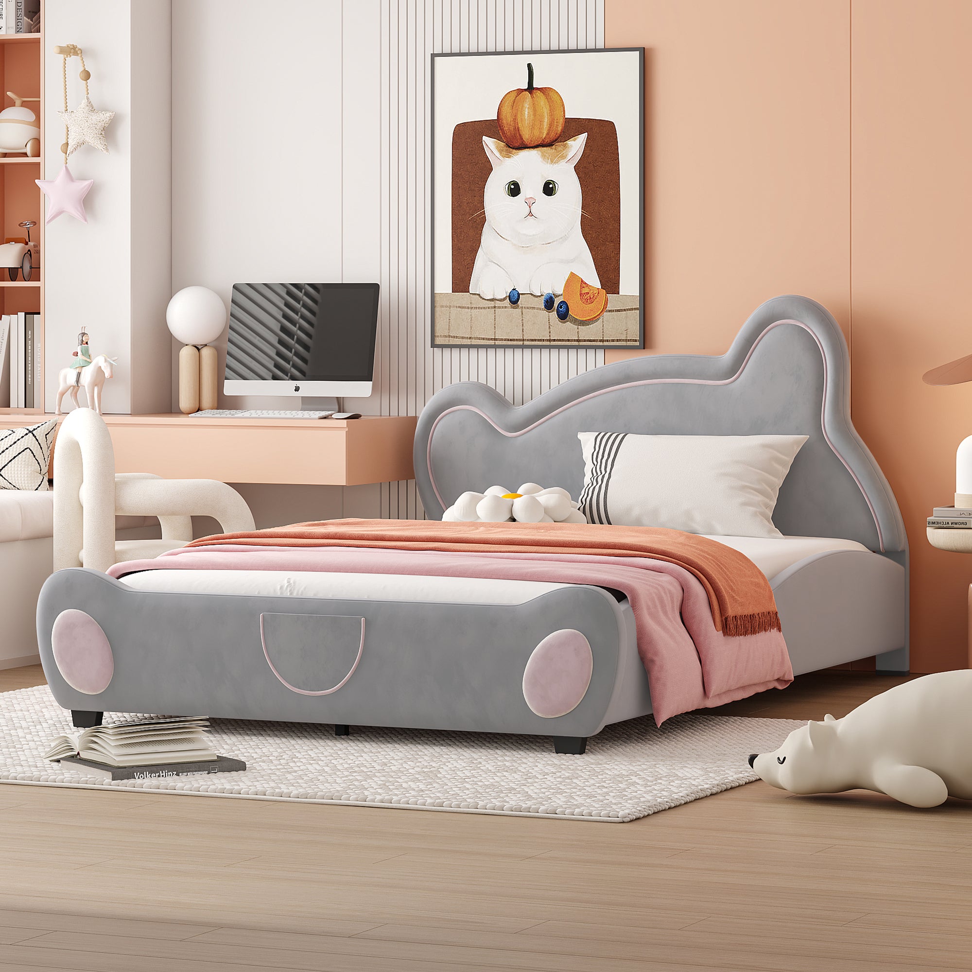 Full Size Velvet Platform Bed with Bear-Shaped Headboard, with Bed-End Storage Pocket, Gray